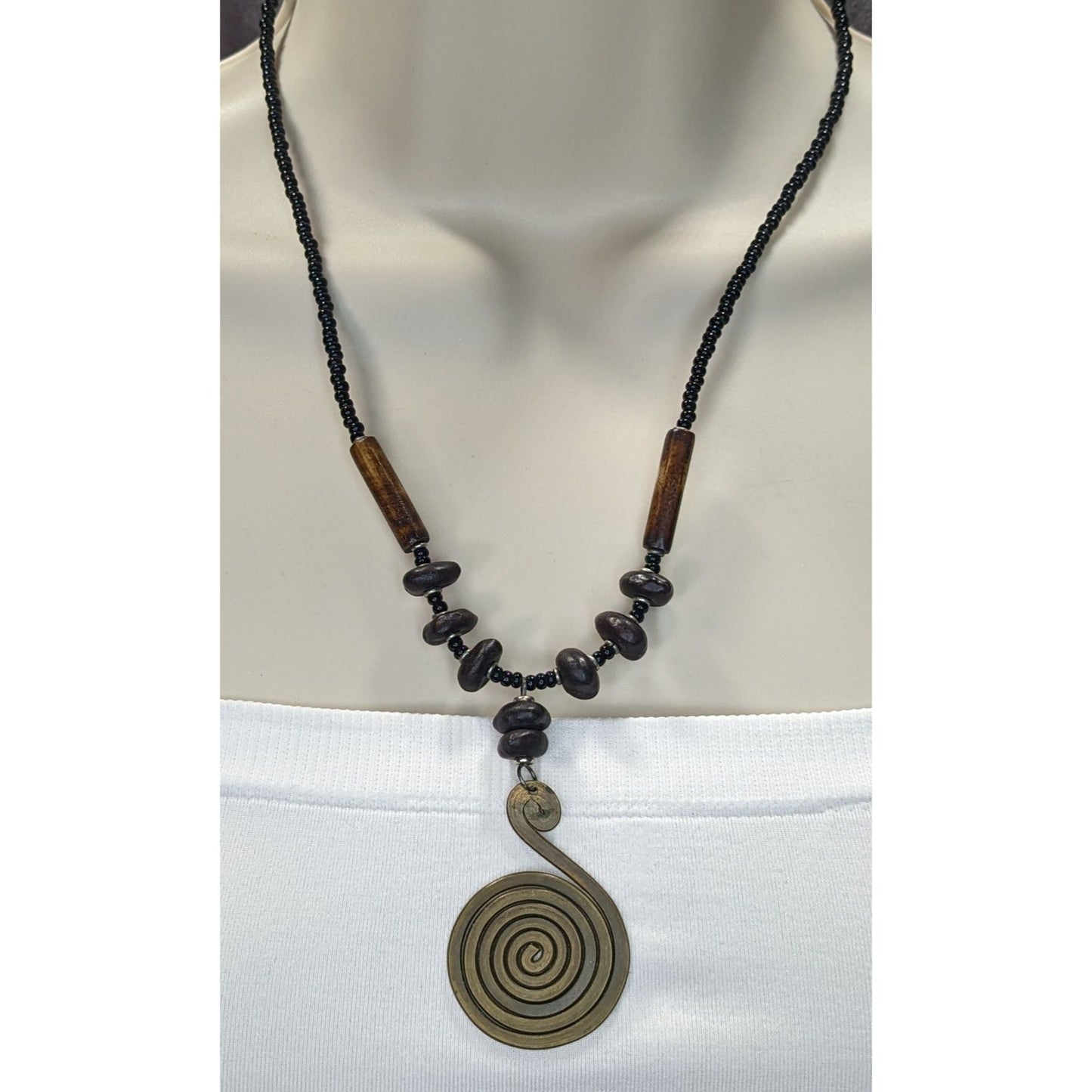 Vintage Tribal Spiral Pendant Necklace With Black Beads Wooden Accents & Barrel Clasp