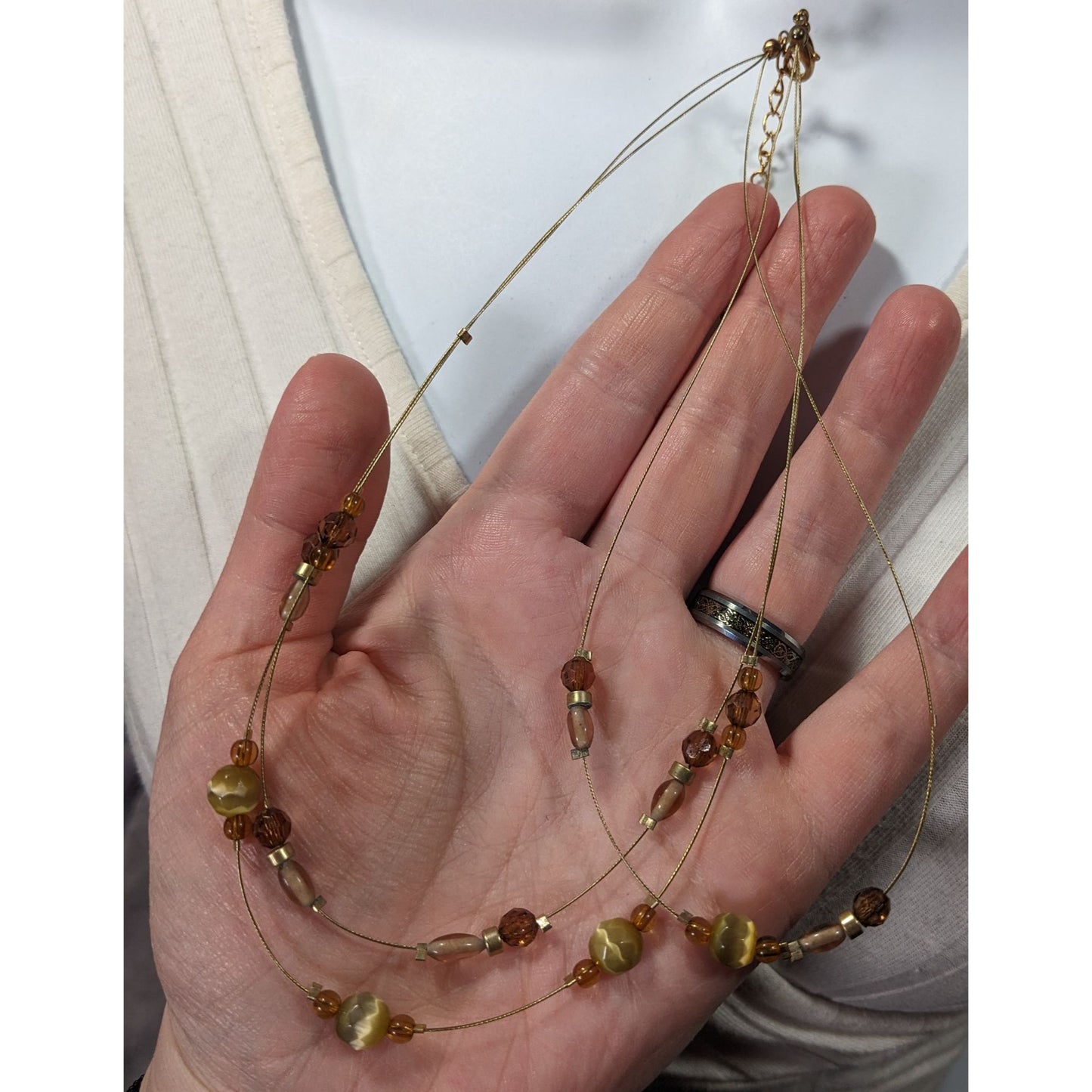 Retro Yellow Brown And Gold Tone Glass Beaded Floating Necklace