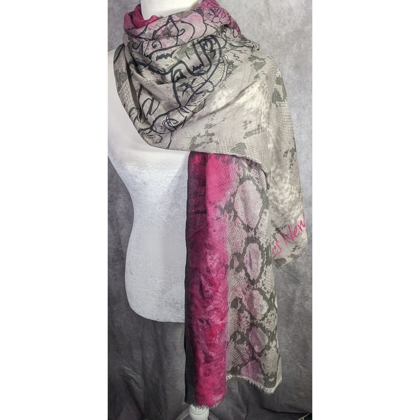 Frida & Freddies New York Gothic Skull Scarf 70% Viscose 30% Wool 45x72 Inches Pink & Gray Snake Print With Floral Accents