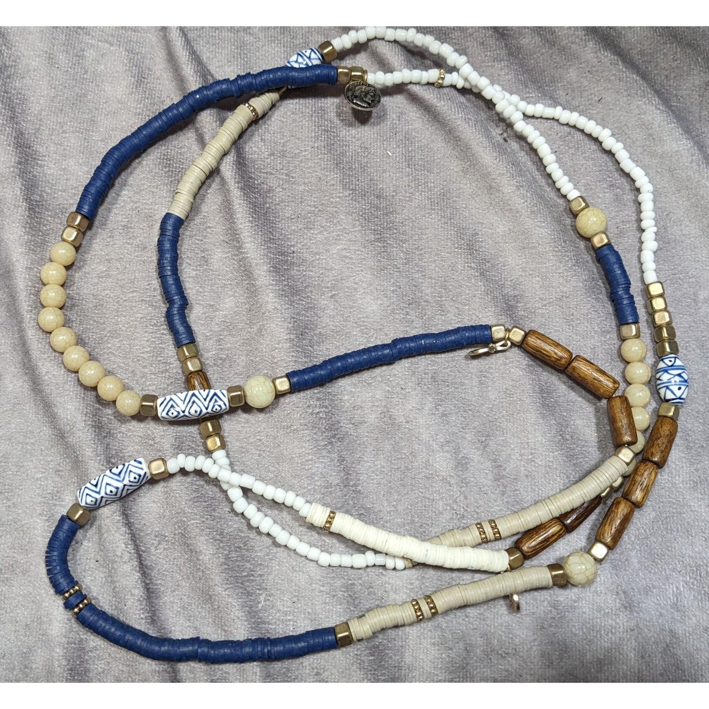 Handmade Blue White And Brown Beaded Necklace