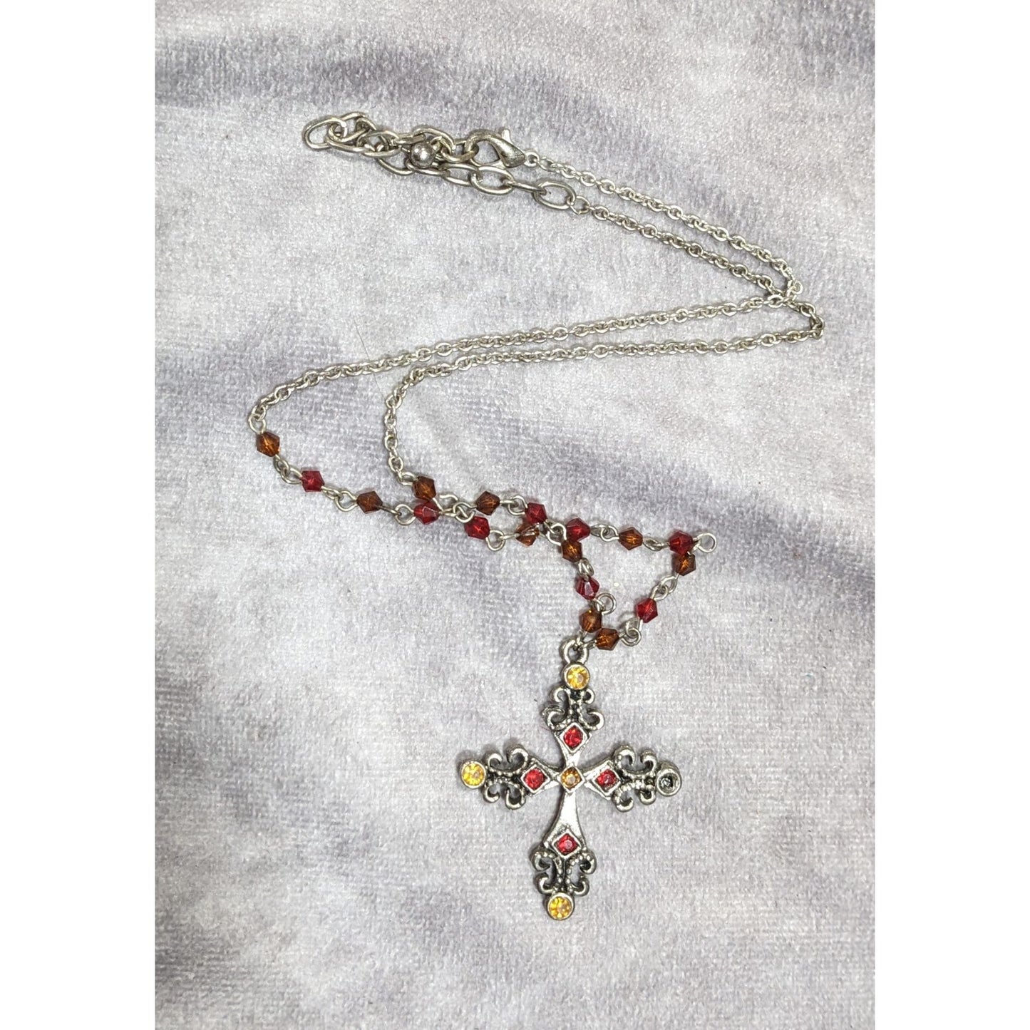 Gothic Medieval Red And Yellow Beaded Silver Tone Cross Necklace
