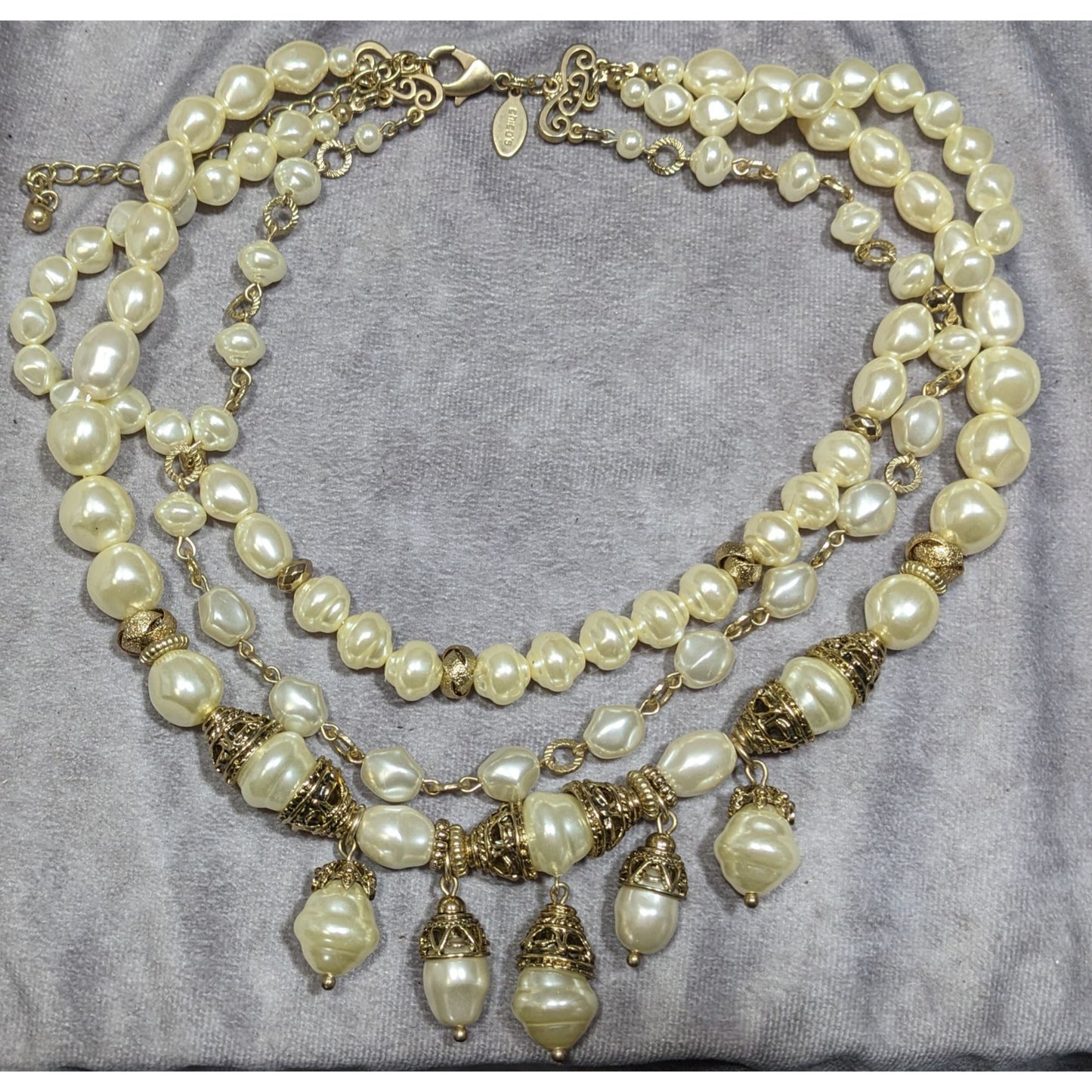 Chicos Chunky Glam Victorian Style Faux Pearl Layered Necklace With Gold Tone Accents