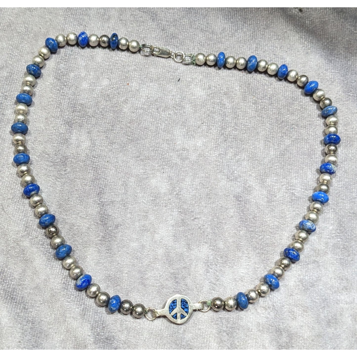 Vintage Hippie Peace Sign Lapis And Silver Tone Beaded Necklace
