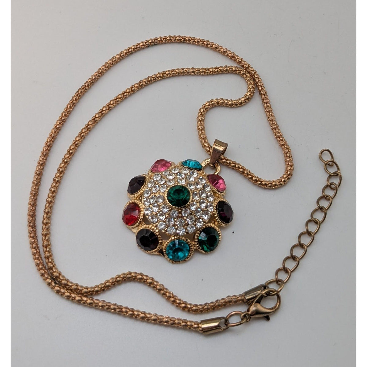 Boho Glam Rainbow Rhinestone Gold Tone Medallion Pendant Necklace 18 Inch