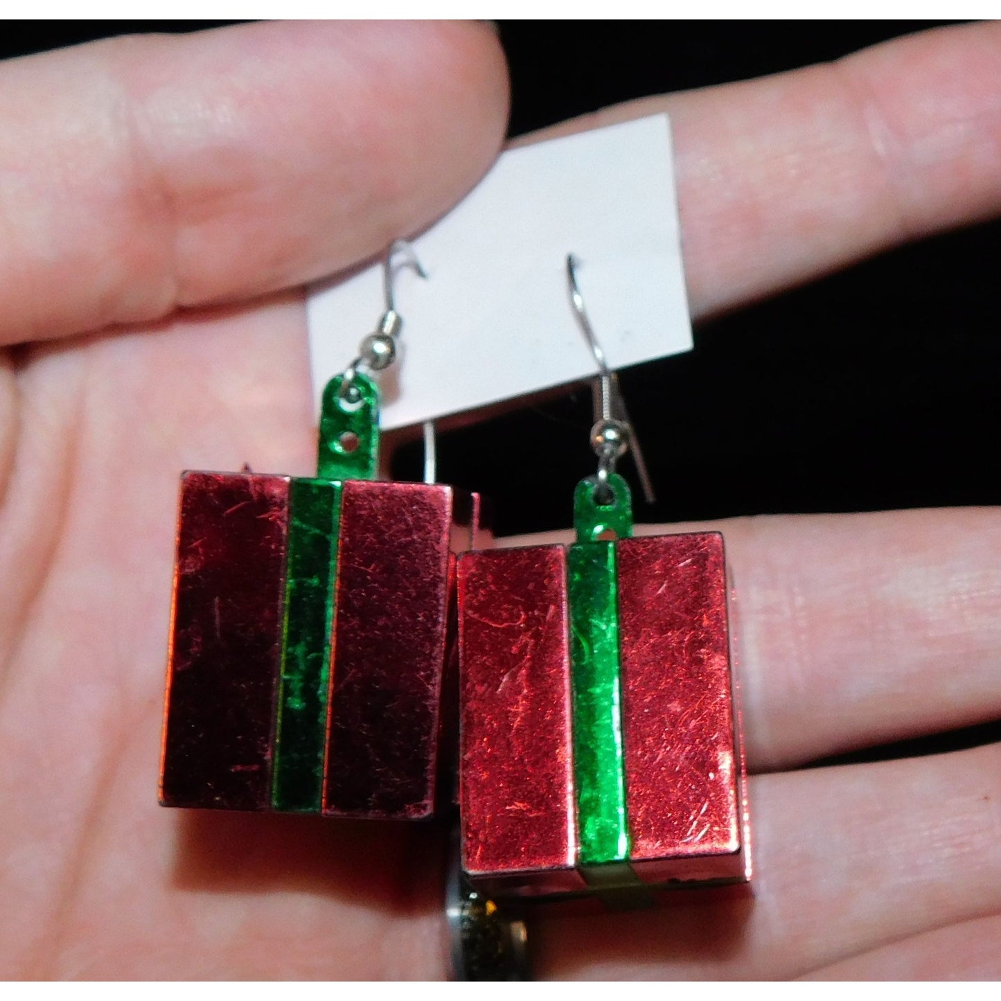 Red And Green Christmas Present Metallic Dangle Earrings
