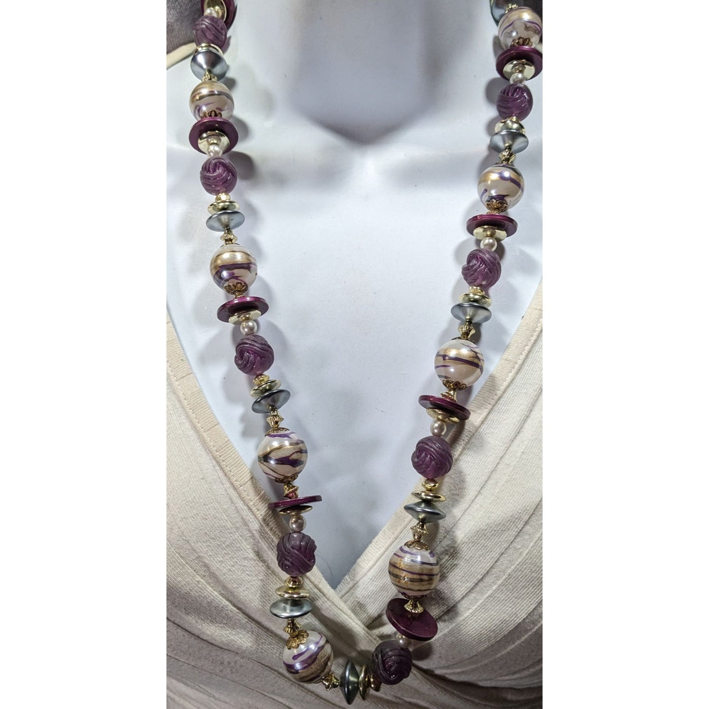Vintage Whimsical Beaded Purple White And Gold Tone Necklace
