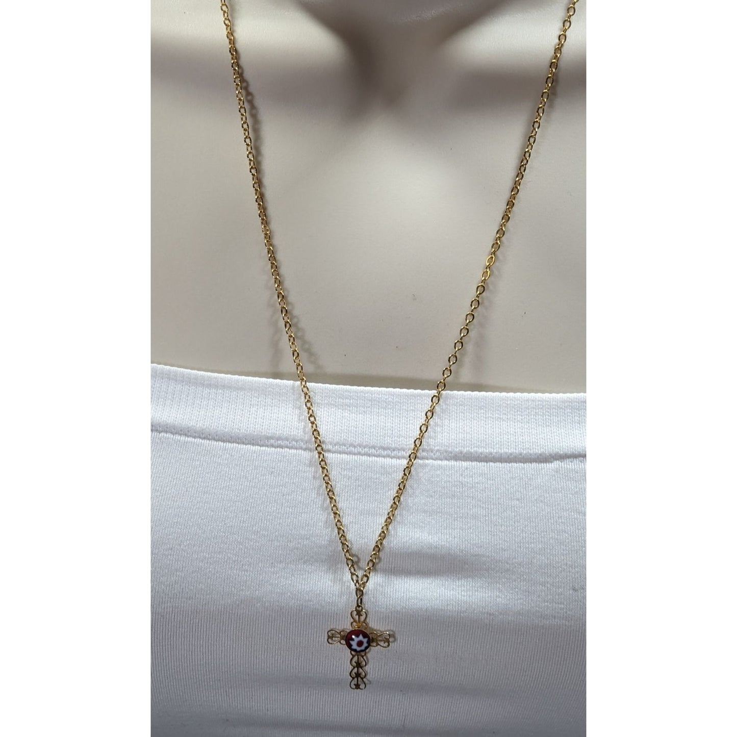 Vintage Religious Dainty Cross Necklace Gold Tone With Italian Glass Flower
