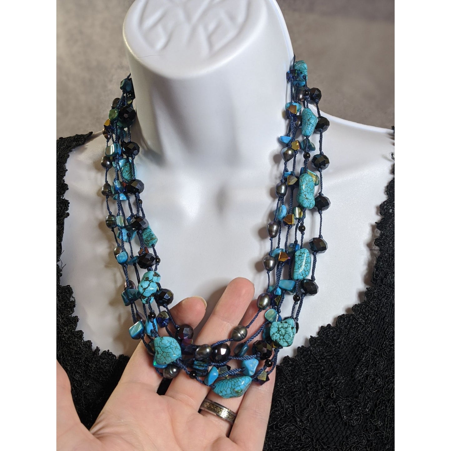 Bohemian Turquoise Pearl And Glass Multi-Strand Necklace