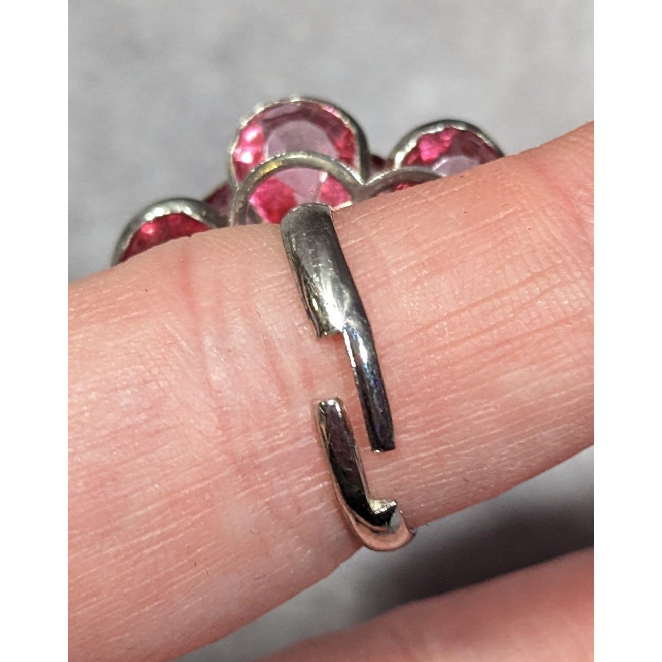 Fairycore Coquette Floral Ring Silver Tone With Pink Gems Adjustable Size 7
