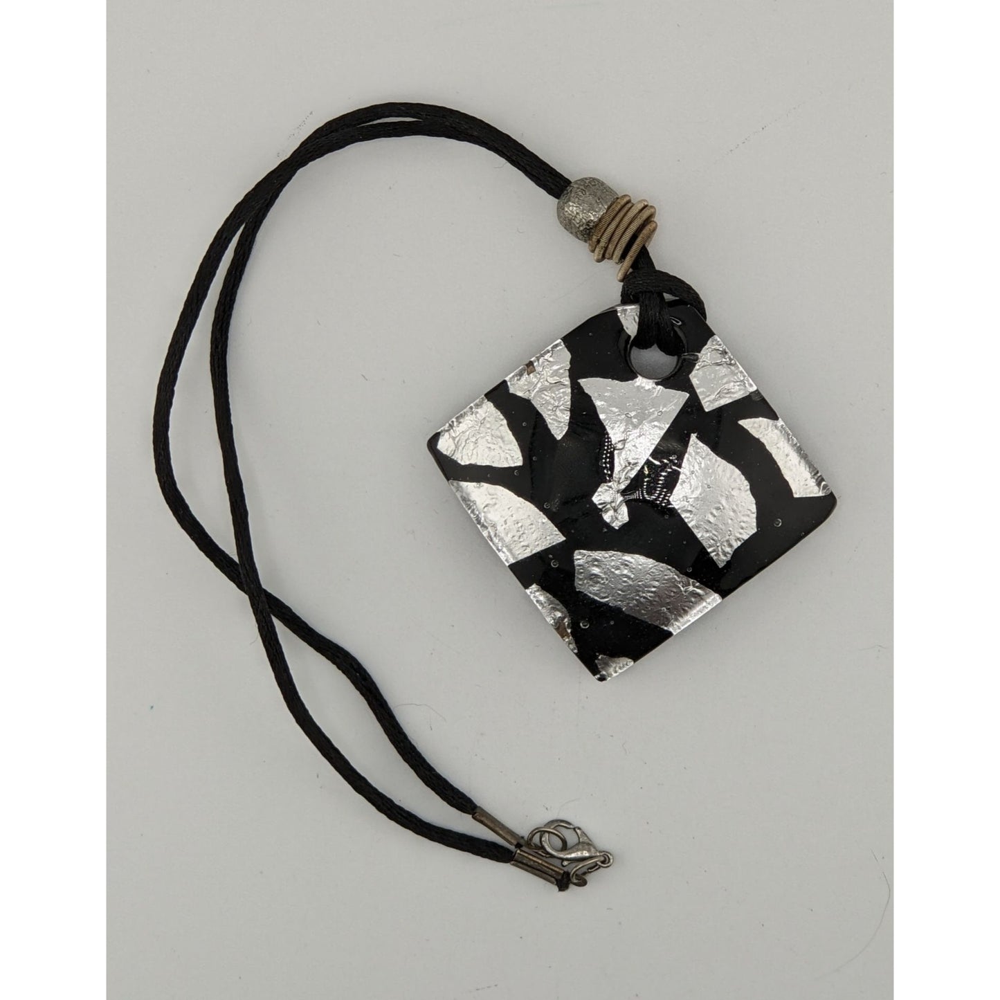 Vintage Black & Silver Abstract Glass Pendant Necklace