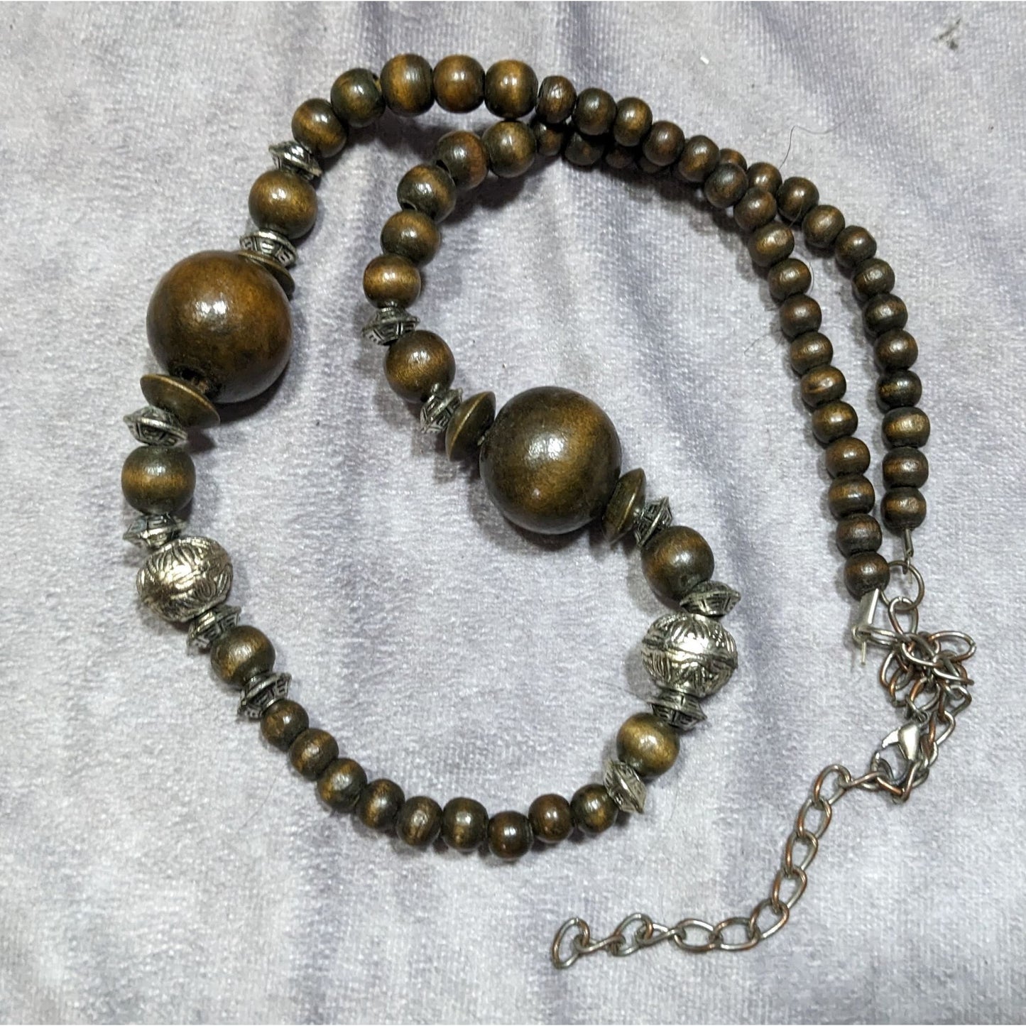 Vintage Wooden Beaded Necklace With Silver-Tone Accents & Adjustable Chain