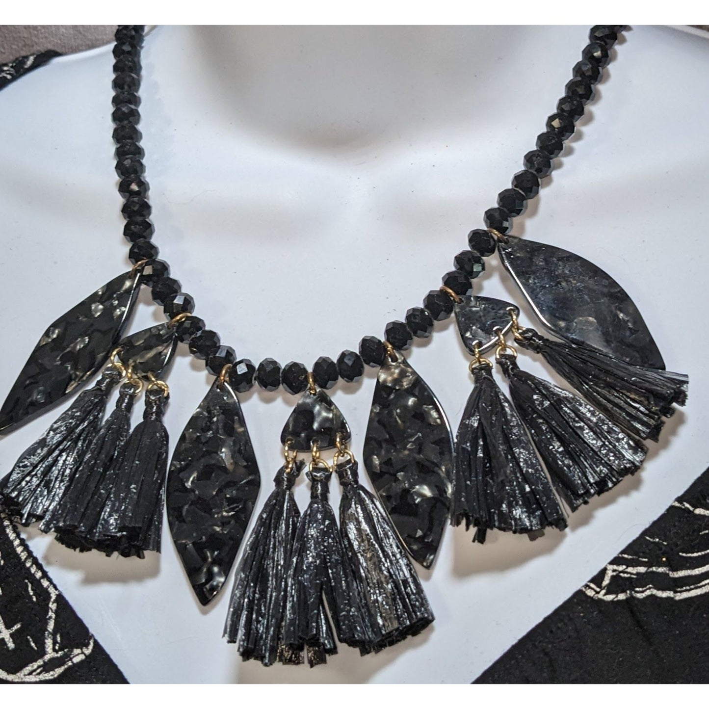 Mixed Media Fringe Statement Pendant Necklace Black Gothic Artsy Abstract Avant Garde