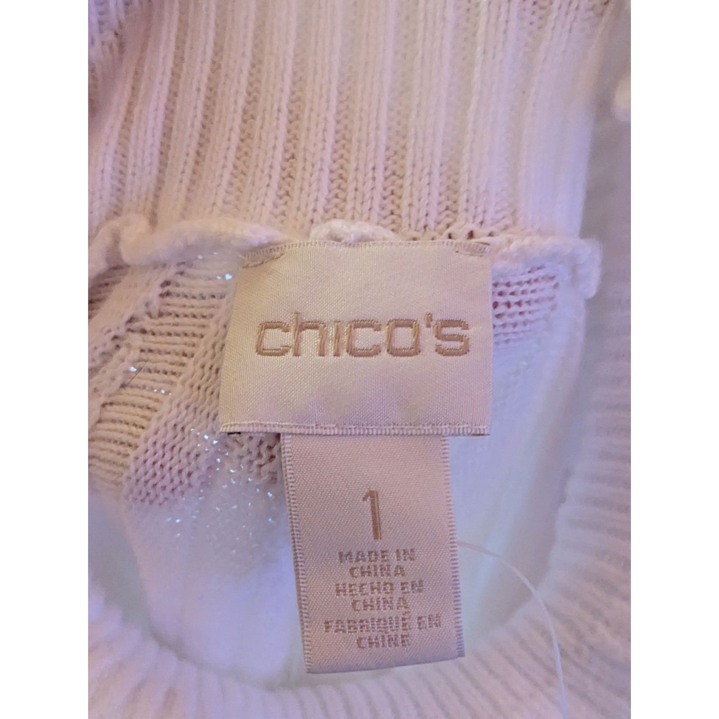 Chicos Preppy White Ribbed Turtleneck With Ruffle Accent