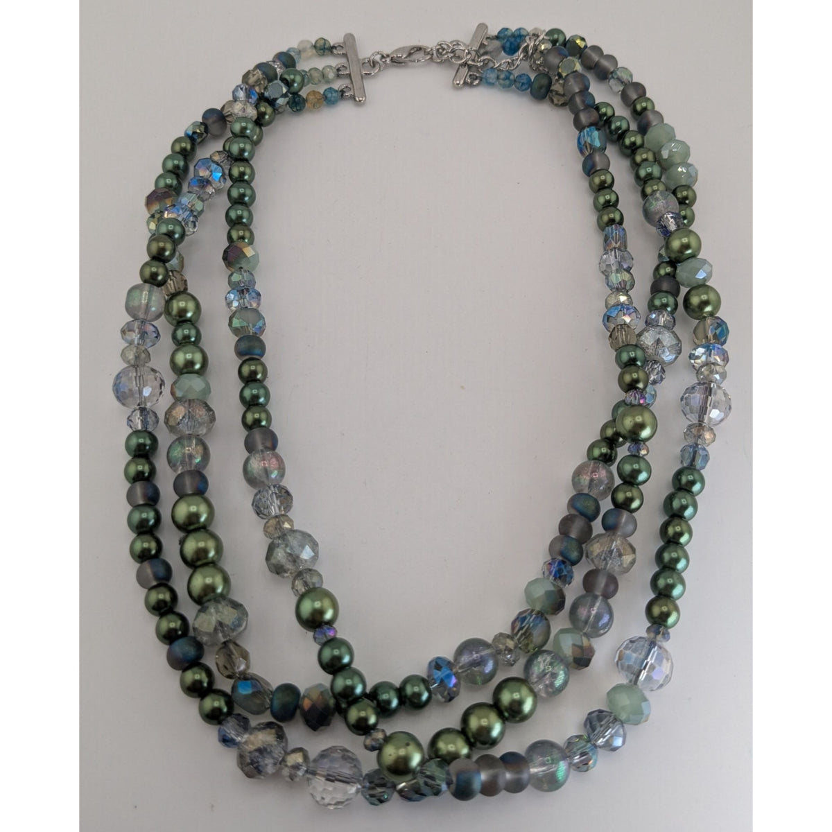 Ethereal Layered Glass Green Faux Pearl Beaded Necklace 15 Inch