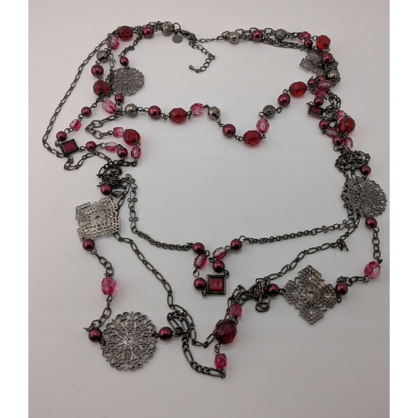 Vintage Venezia Jeans Multi-Strand Long Necklace With Red And Pink Beads And Floral Accents