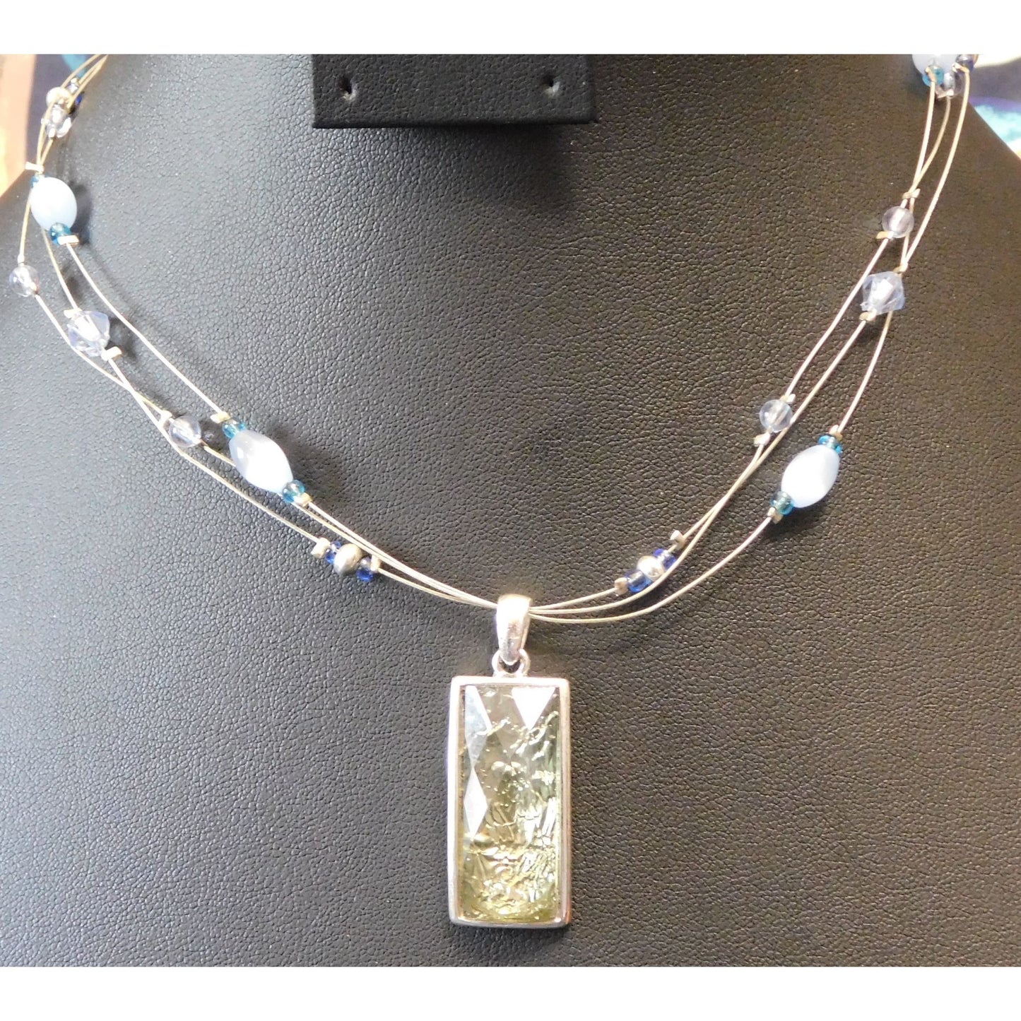 Unique Foil Crackle Pendant And Blue Glass Beaded Necklace