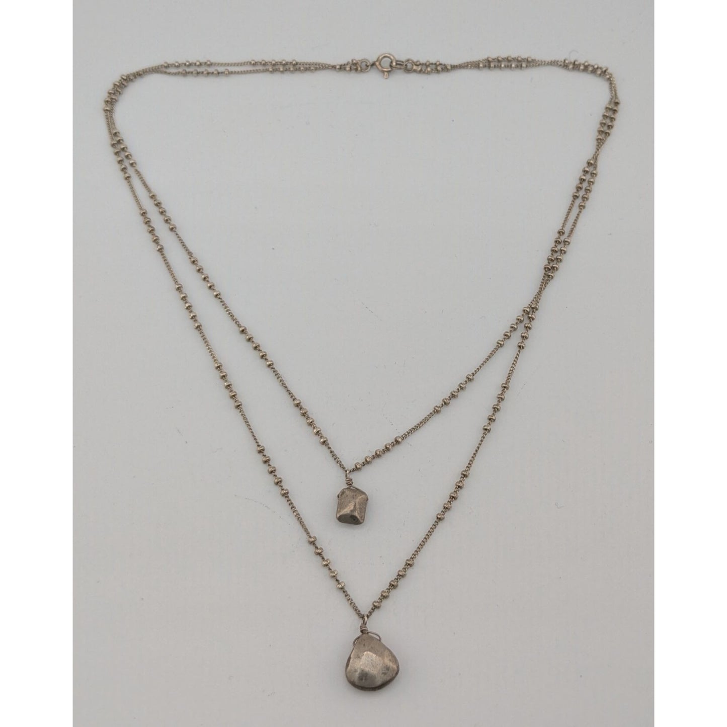 Bohemian Minimalist Layered Silver Tome Necklace With Hammered Pendants & Studded Chain