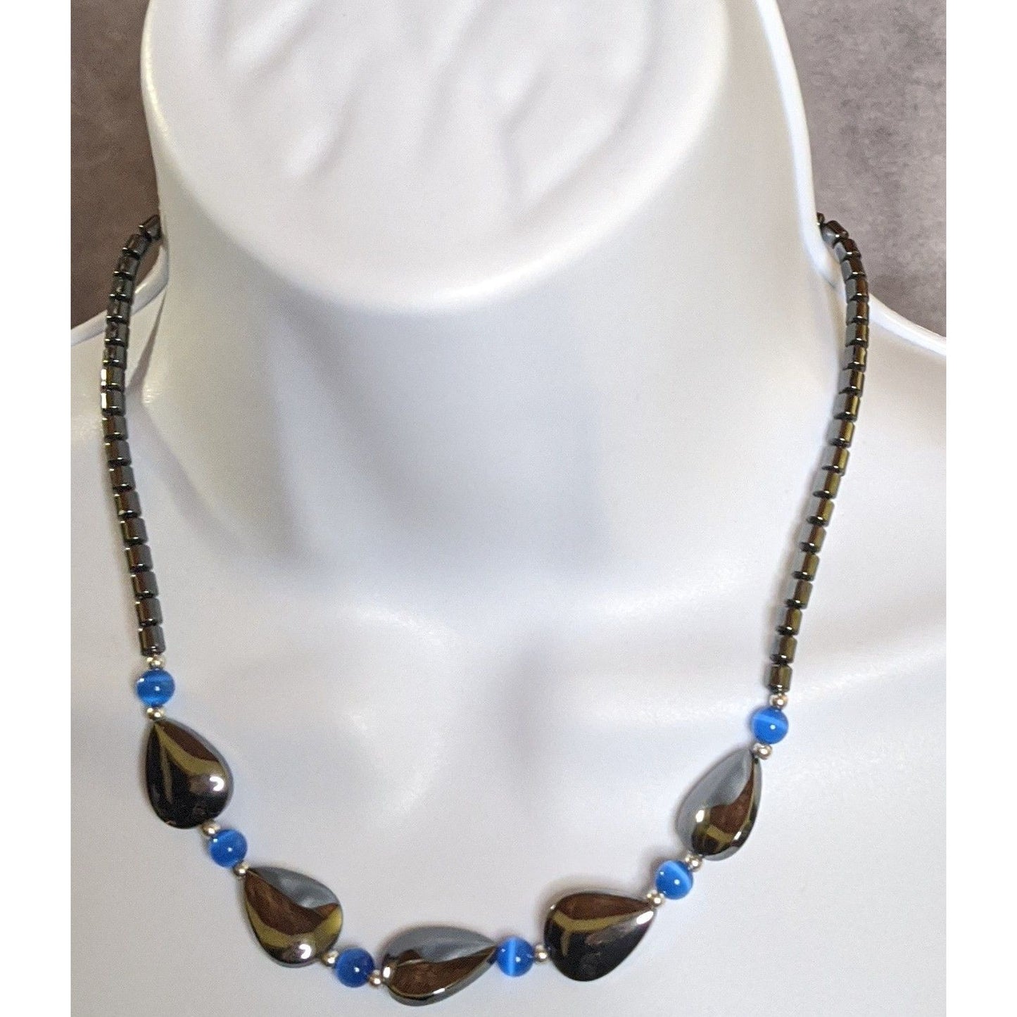Hematite And Blue Glass Beaded Necklace With Teardrop Accents