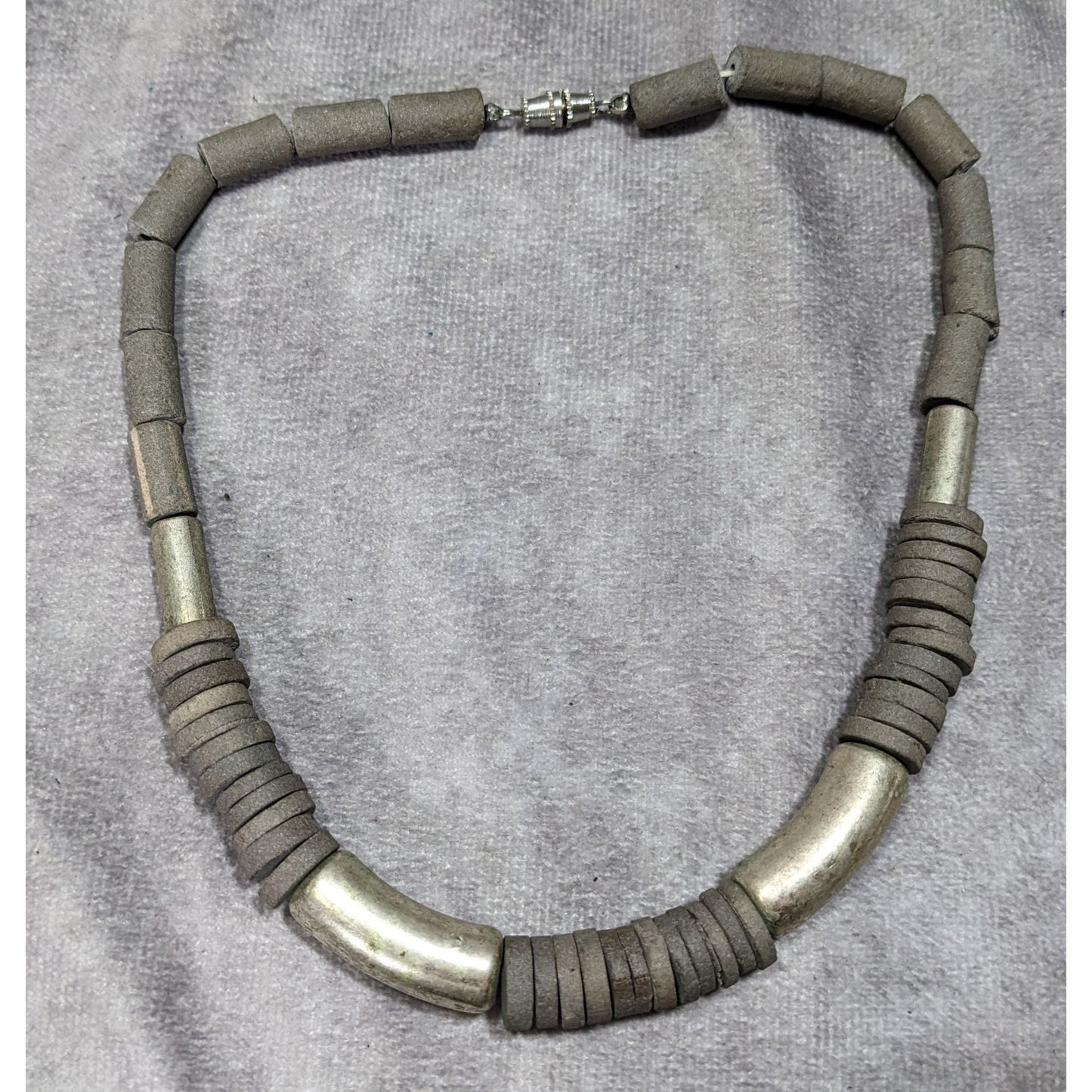 Vintage Handcrafted Necklace With Rustic Clay Beads & Silver-Tone Accents