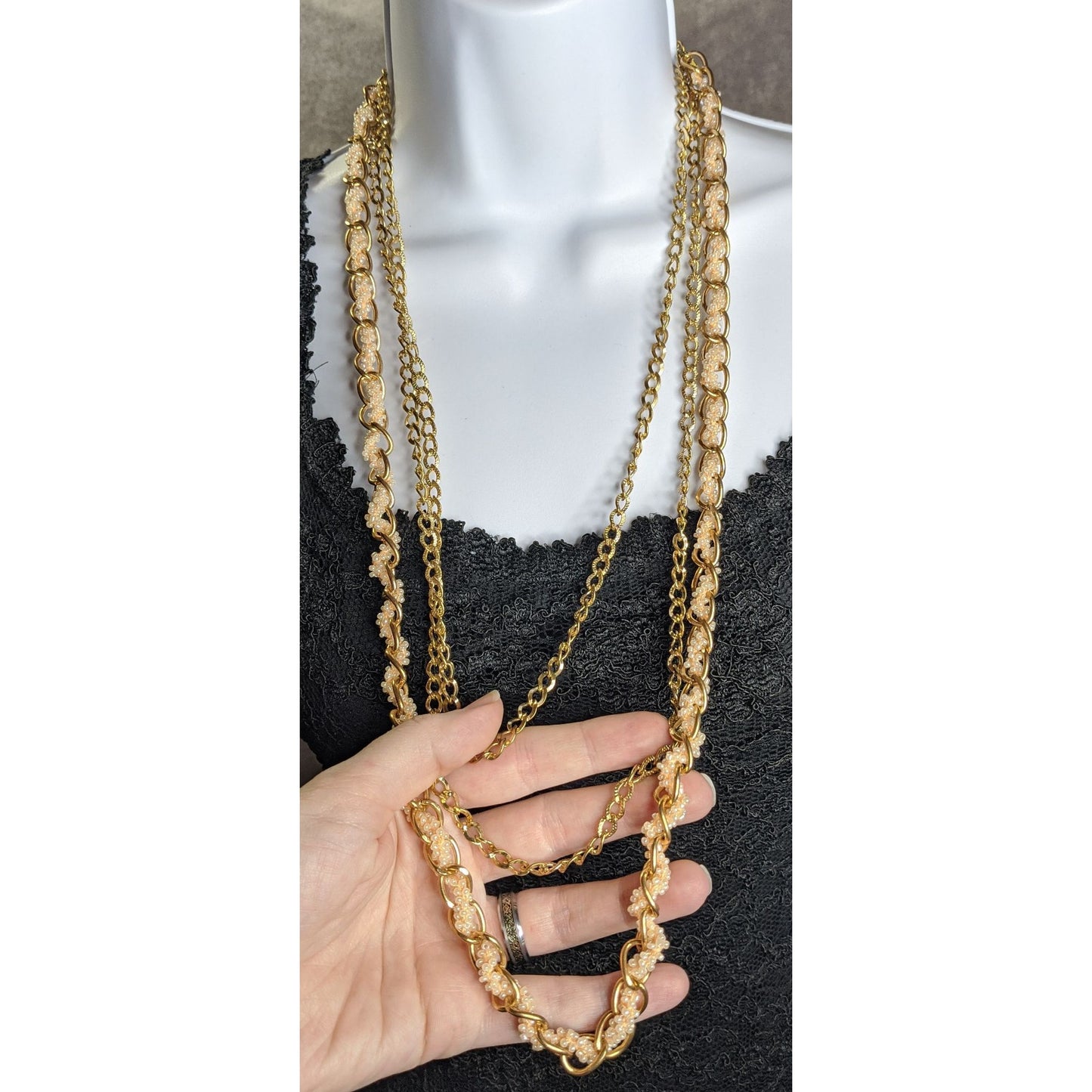 Vintage Y2K Gold-Tone Multi-Strand Necklace With Pink Glass Beads