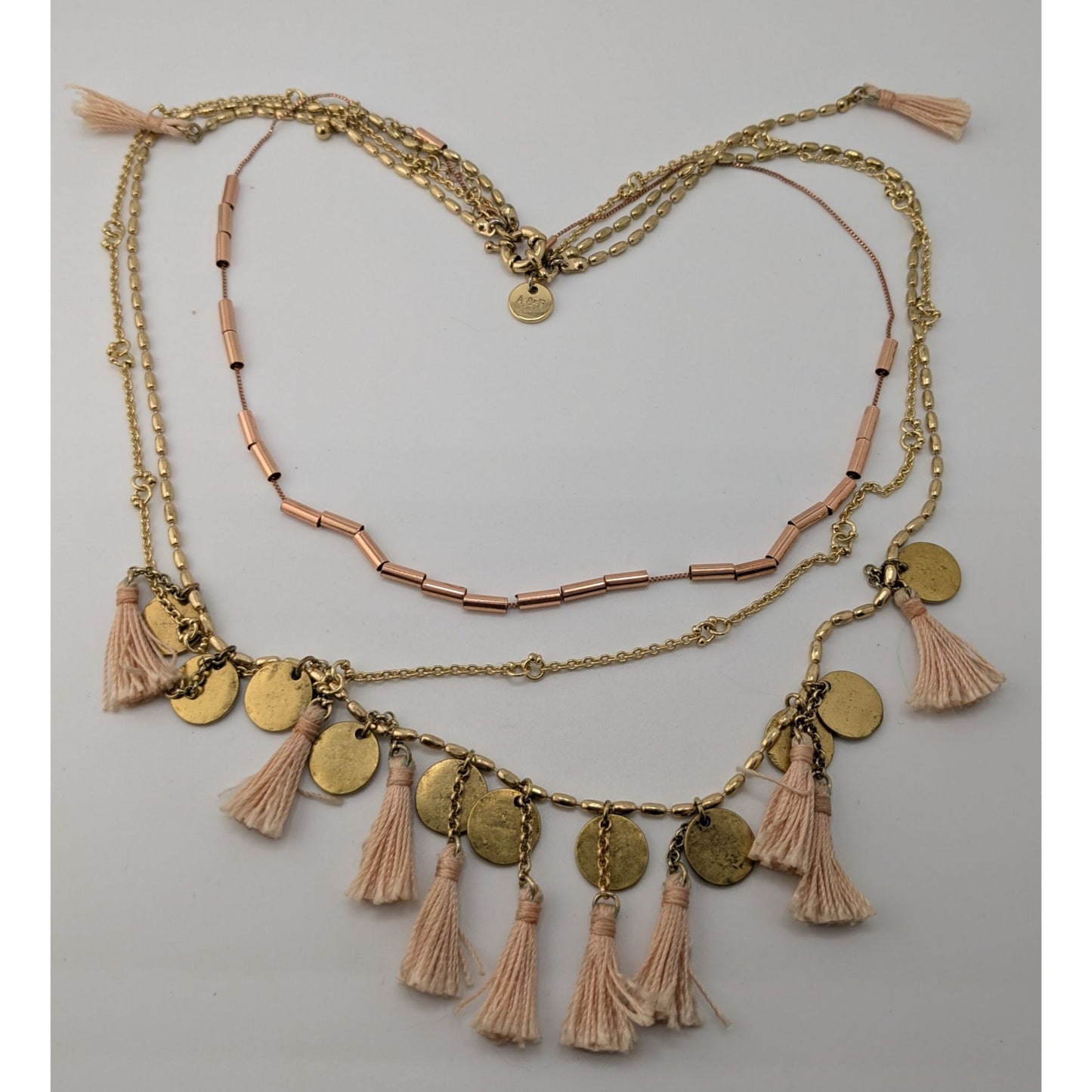 Abercrombie & Fitch Preppy Bohemian Gold-Toned Multi-Layer Necklace With Pink Tassels & Hammered Coin Charms