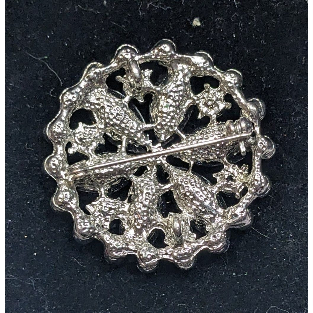Vintage Gothic Floral Black And Silver Tone Gemmed Brooch