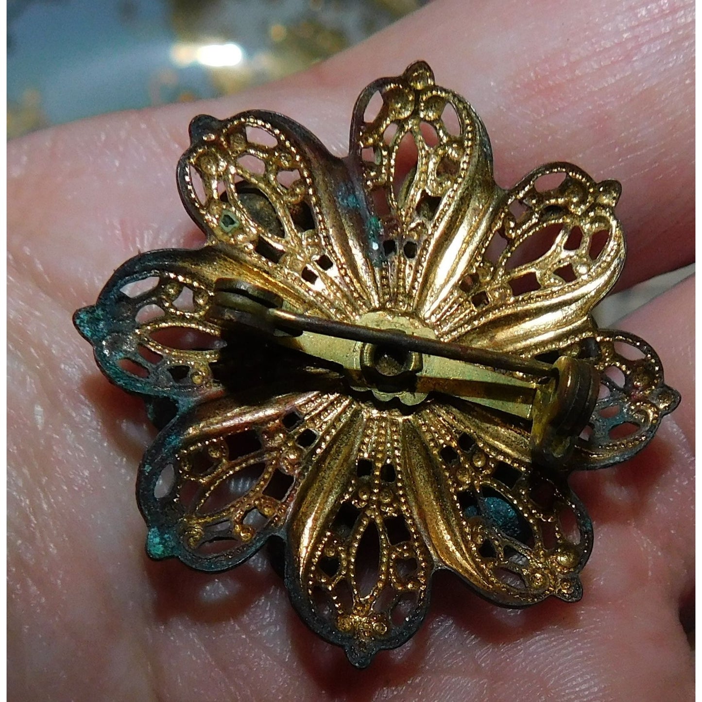 Vintage Vampire Floral Filigree Brooch With Red Rhinestones