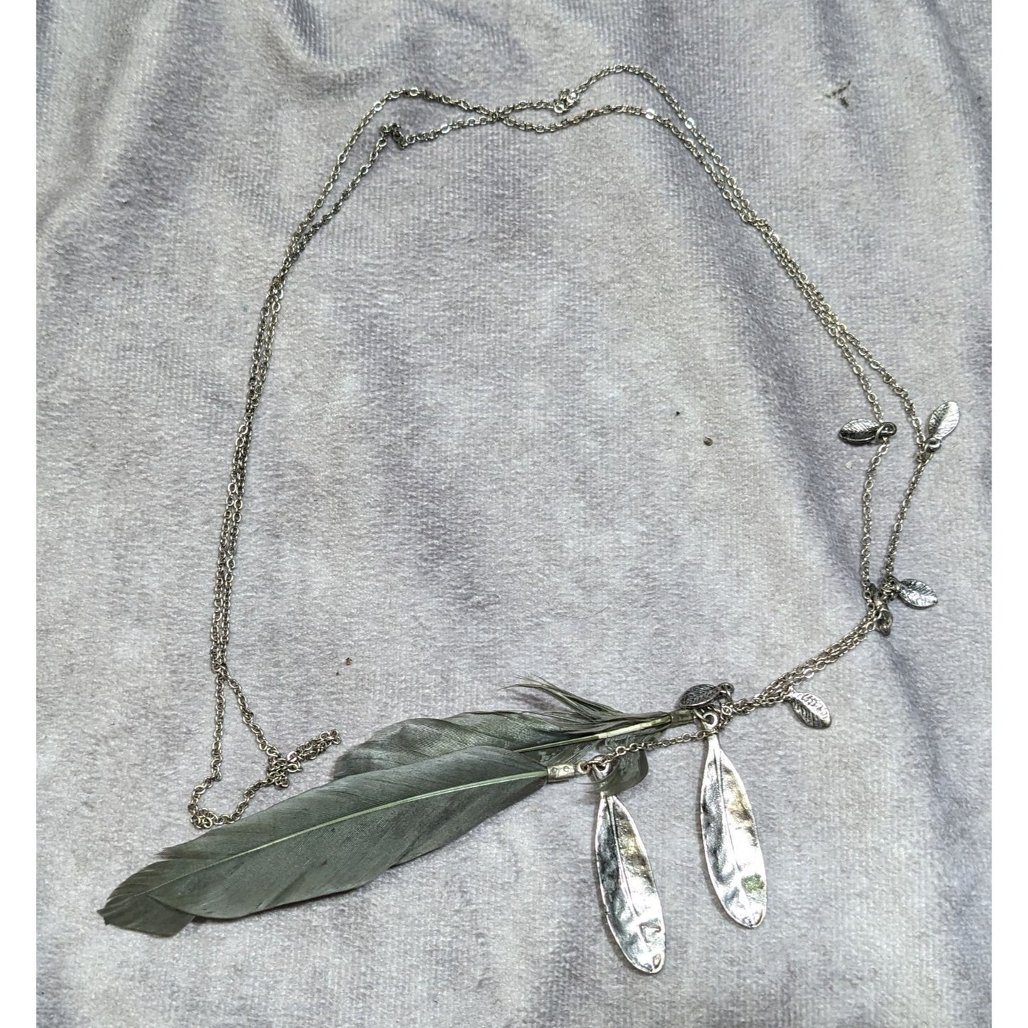 Bohemian Festival Ready Real Feather And Silver Tone Charm Wrap Necklace
