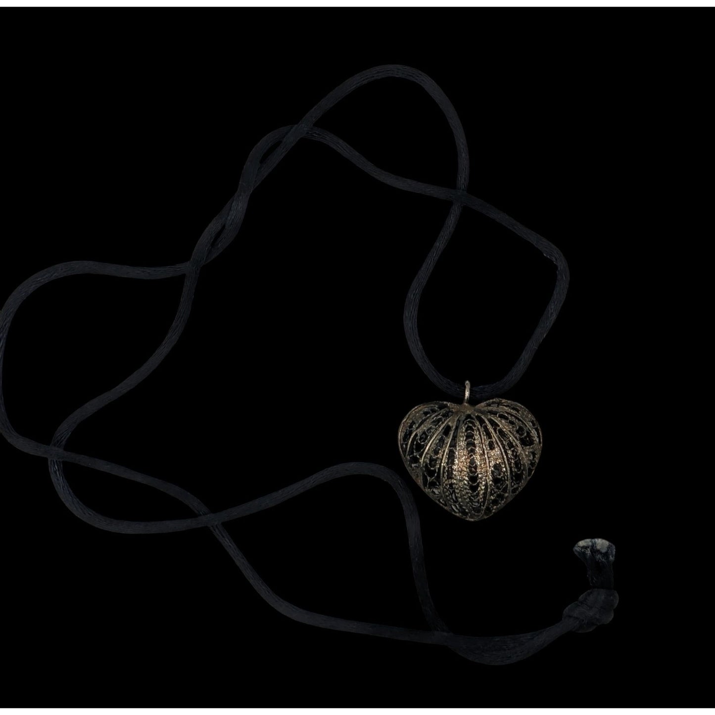 Silver Filigree Heart Pendant Necklace Black Cord Romantic Gothic Boho Jewelry