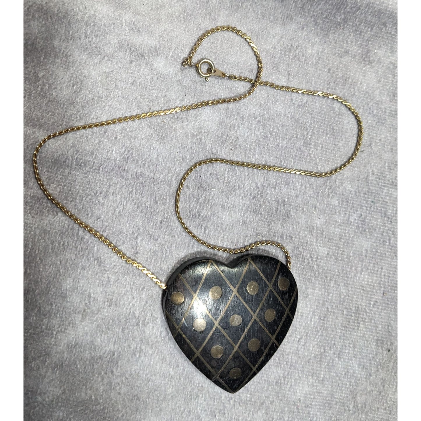 Vintage Wooden Heart Pendant Necklace With Brass Inlay