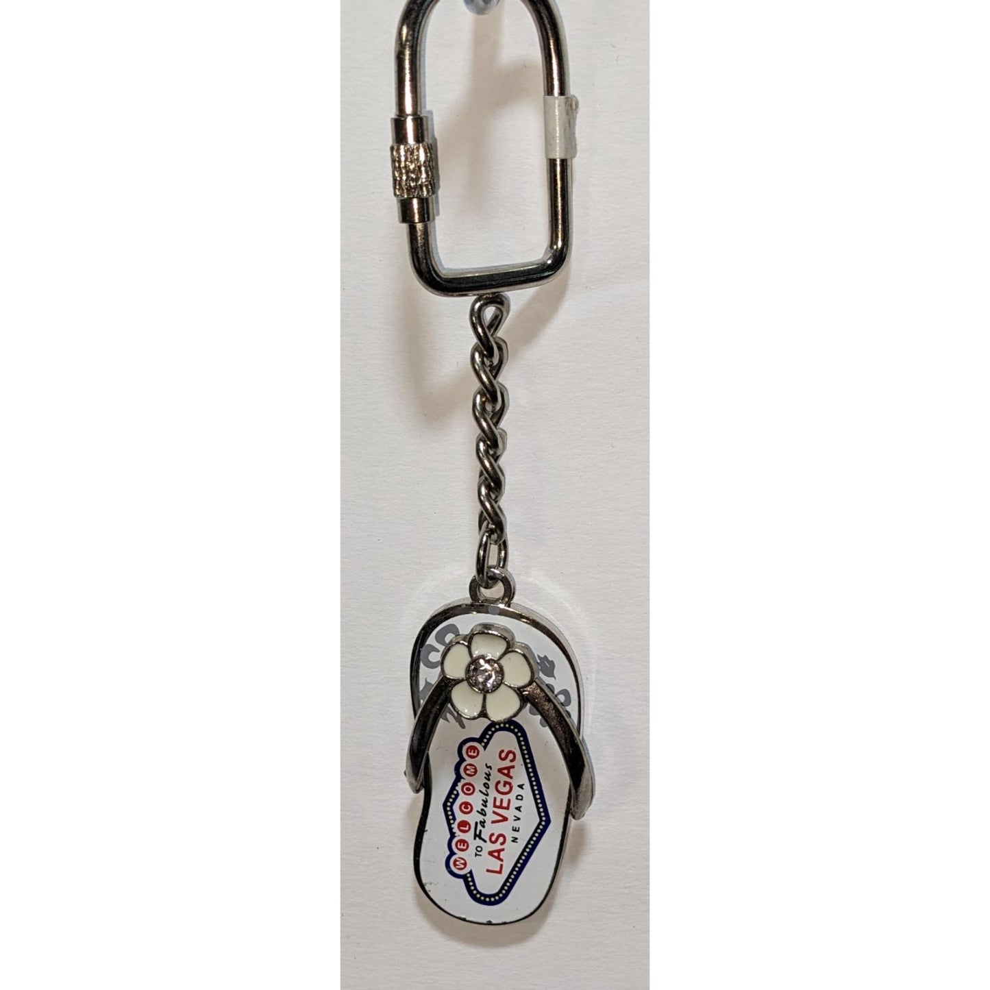 Welcome To Fabulous Las Vegas Flip-Flop Keychain With Flower Charm Silver & White