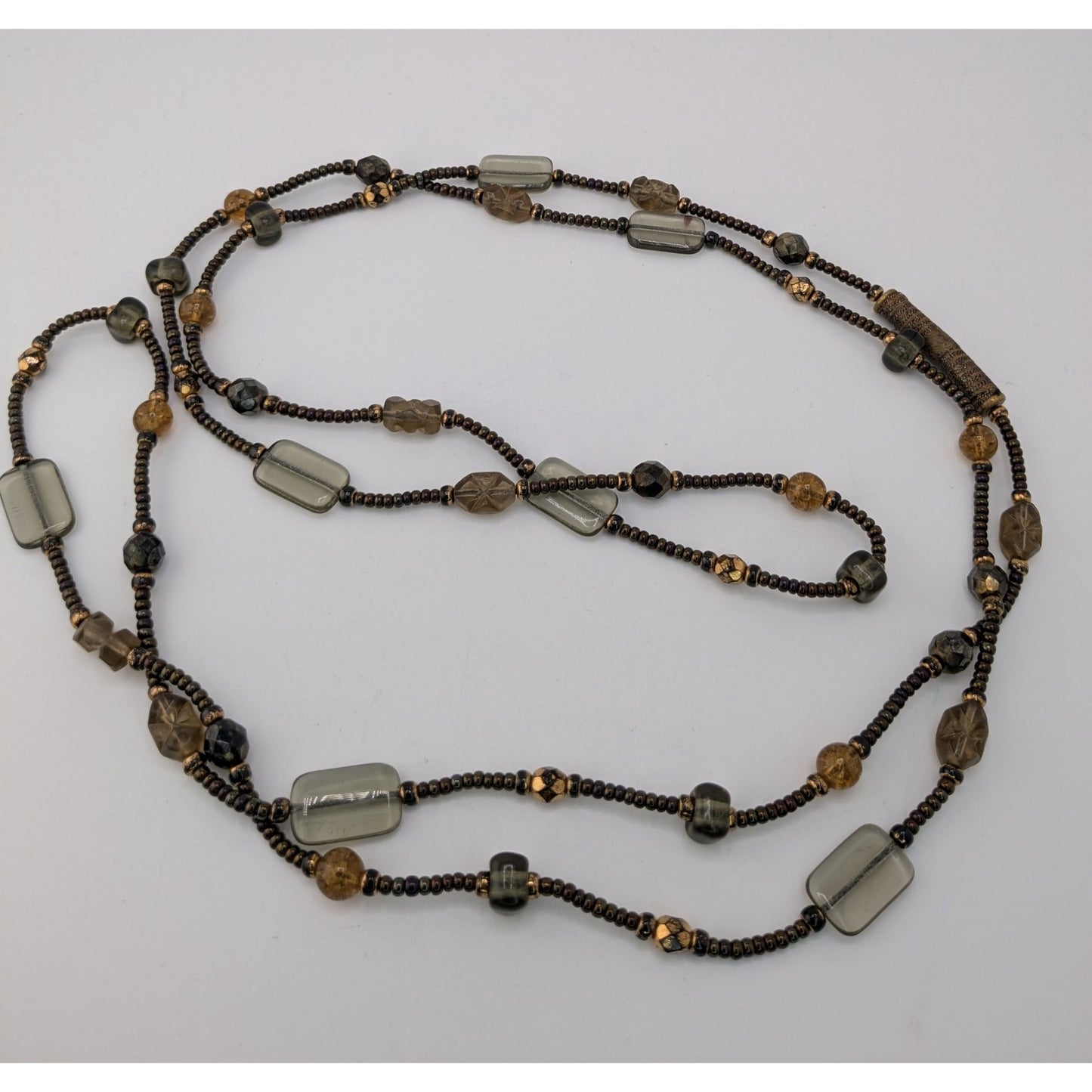 Handcrafted Long Earth Tone Beaded Station Necklace Boho Layering Glass Bead Necklace