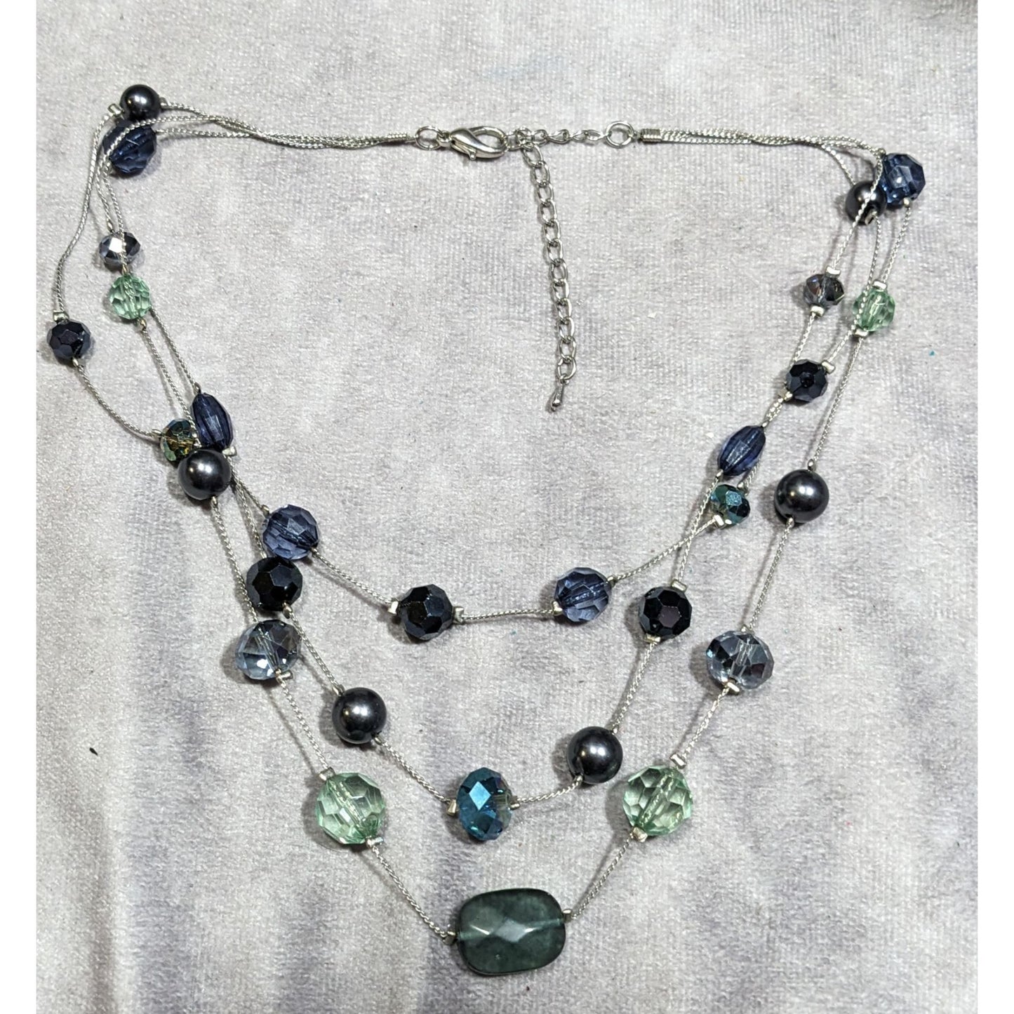 Multilayer Blue And Silver Tone Layered Glass And Faux Pearl Station Necklace