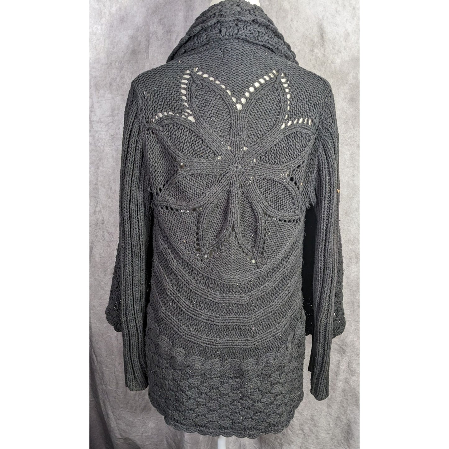 Gothic Floral Willi Smith Black Open-Knit Cardigan Sweater