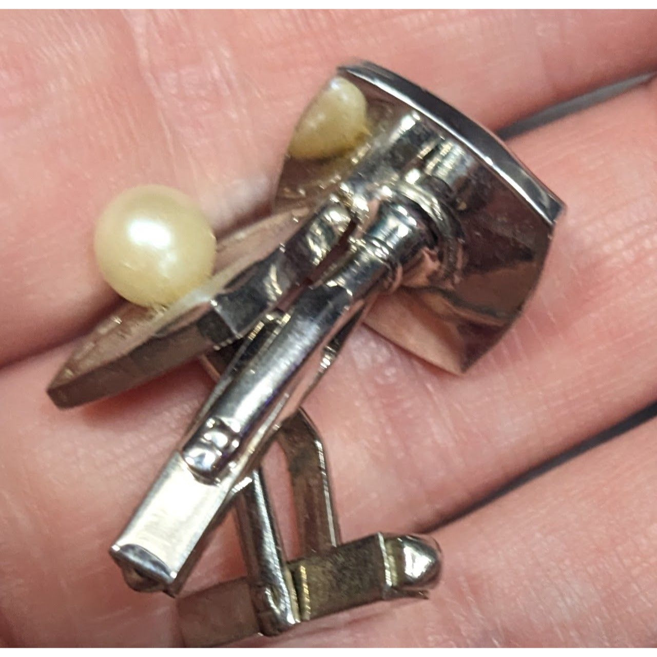 Vintage Engraved Square Silver Tone Cufflinks With Faux Pearl Accents