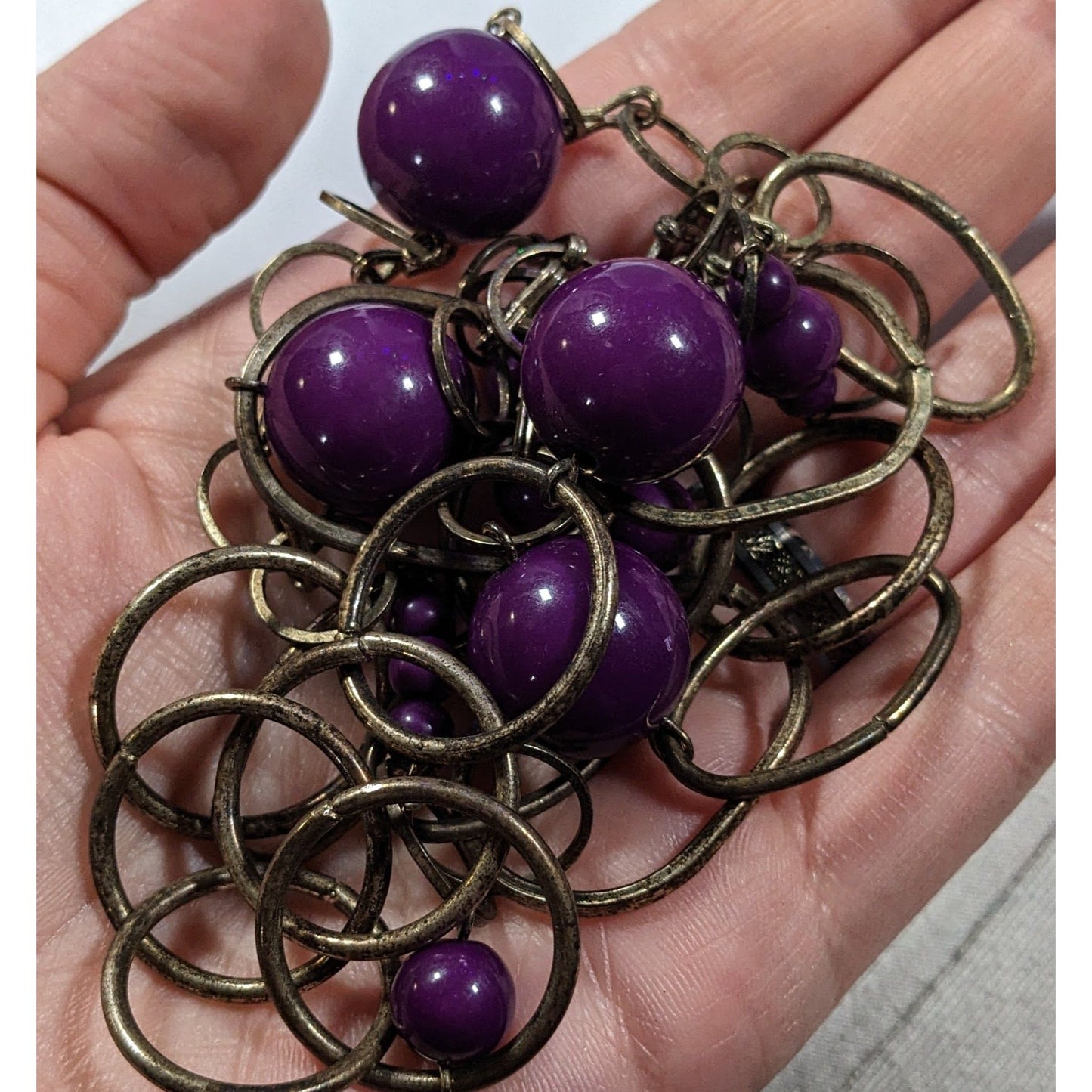 Chunky Silver Tone Chain Necklace With Purple Beads