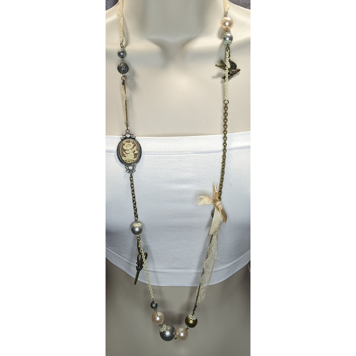 Victorian Charm Necklace Coquette Pearl Lace Mixed Media Statement Piece