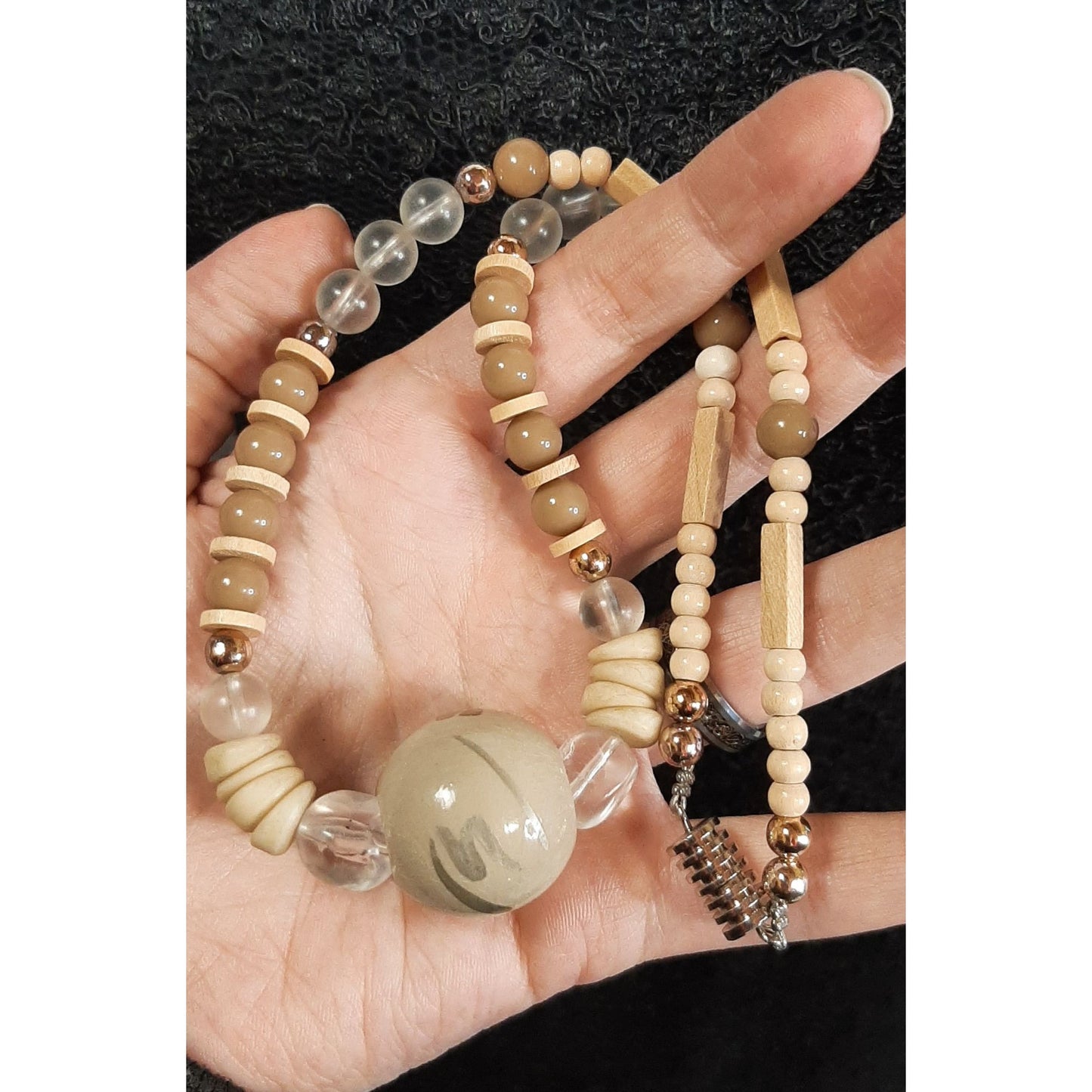 Earth Tone Beaded Necklace With Clear Beads And Large Painted Focal Bead