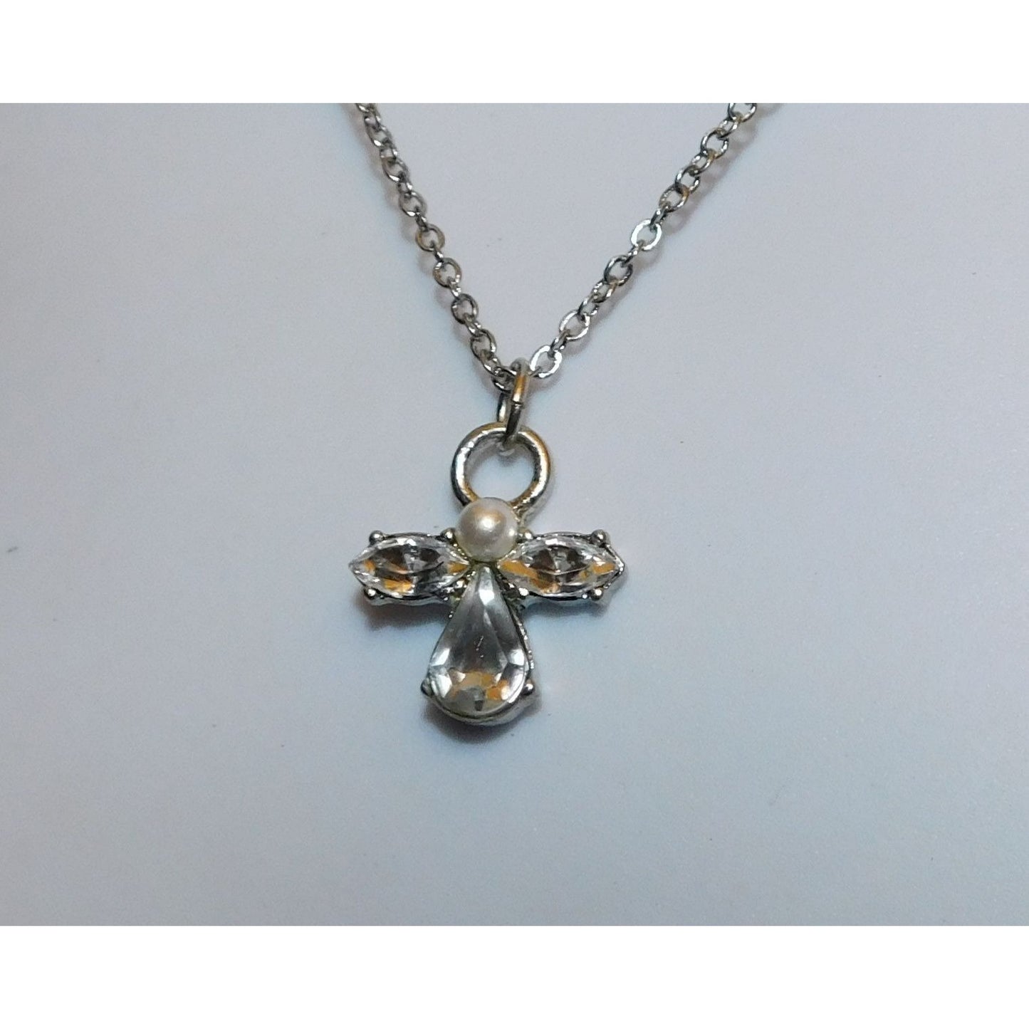 Religious Guardian Angel Necklace Clear Gemmed With Silver Tone Metal