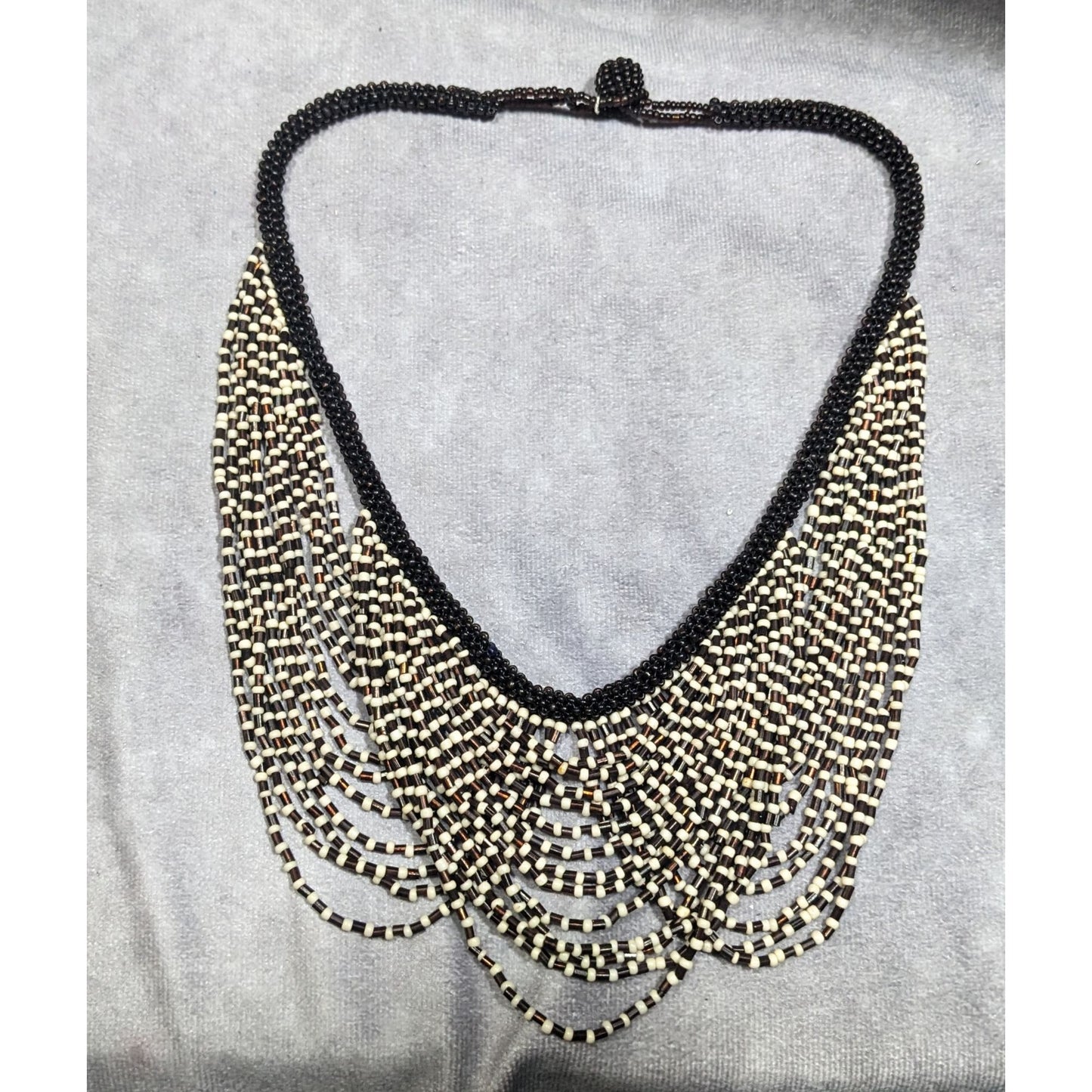 Vintage Multilayer Brown And Cream Glass Beaded Bib Necklace