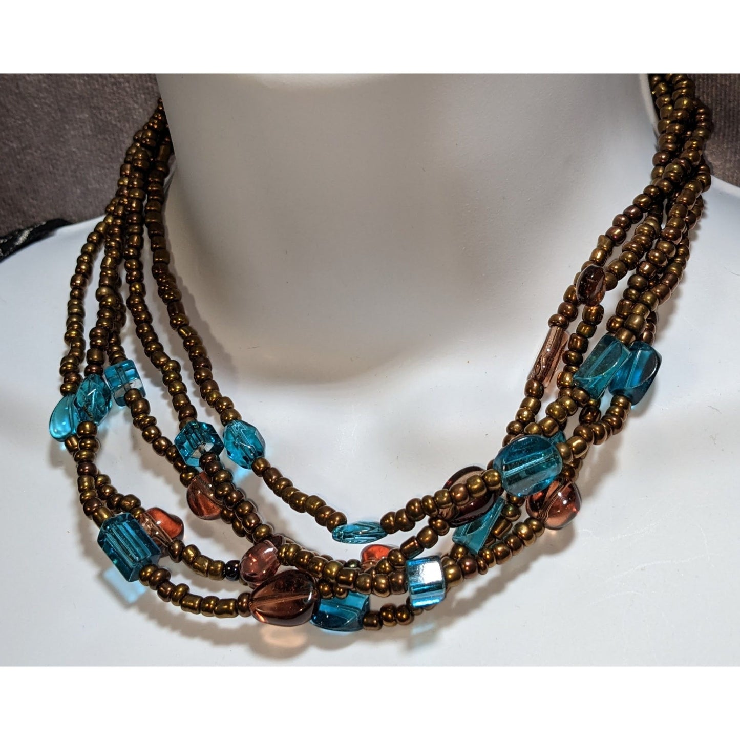 Vintage Multi Strand Glass Beaded Necklace Bronze Teal Statement Boho Jewelry