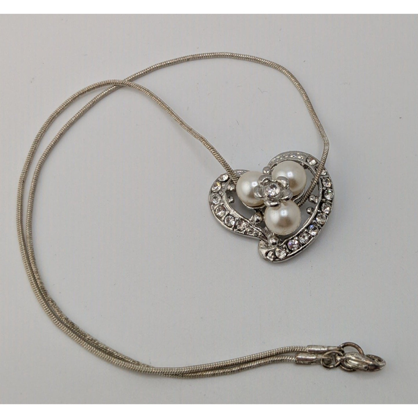 Fairycore Heart Pendant Necklace Faux Pearls Rhinestones Flower Silver Glam