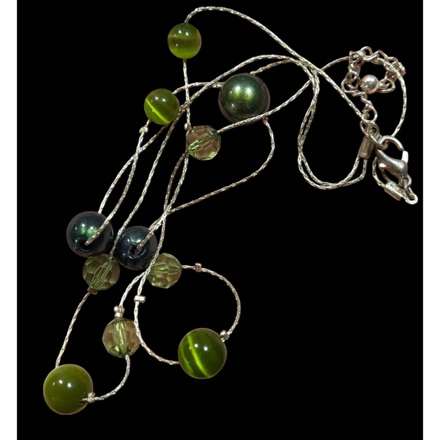 Whimsical Layered Green And Silver Tone Station Necklace