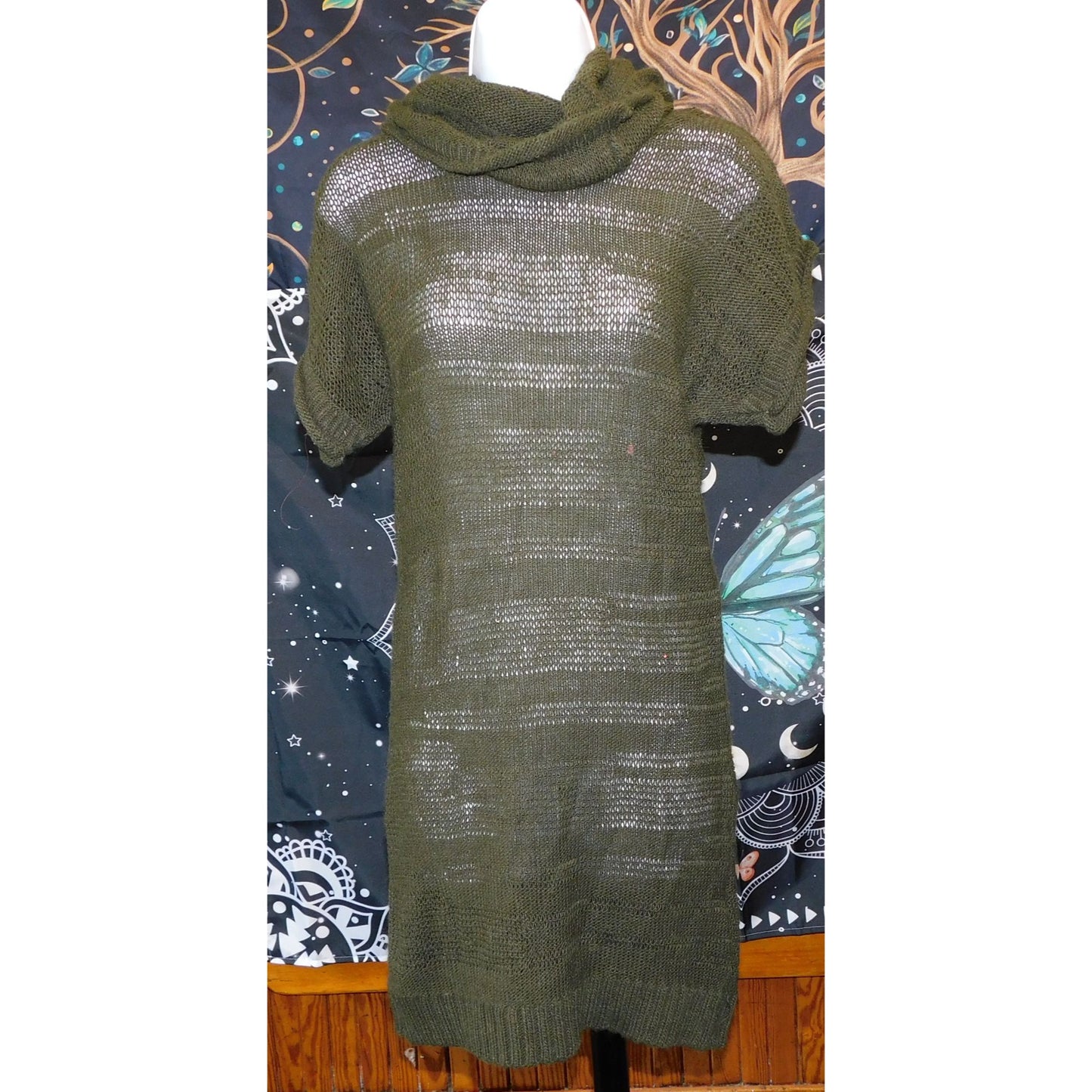 Click Green Slouch Neck Semi-Sheer Sweater Dress