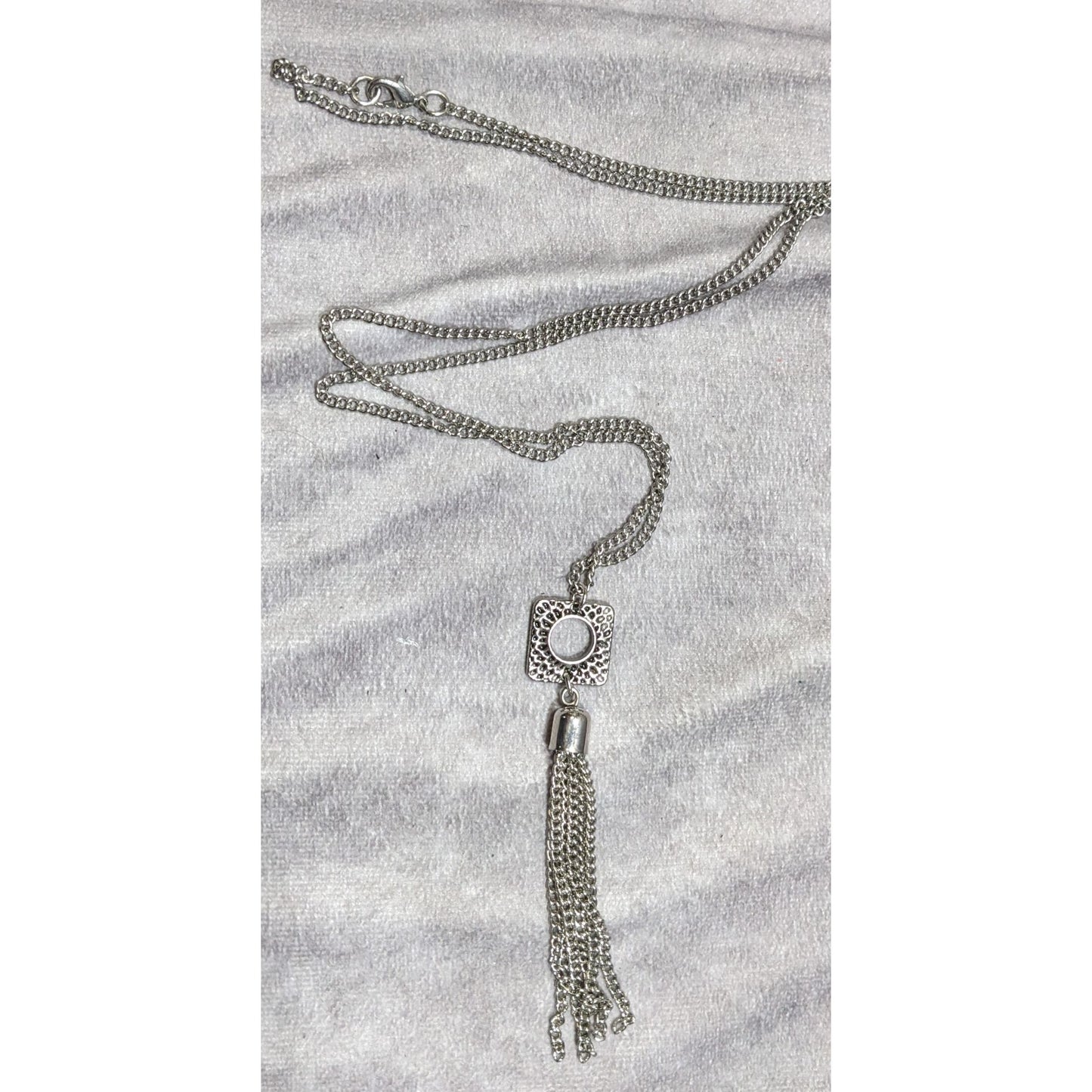 Geometric Brustalist Hammered Silver Tone Tassel Necklace
