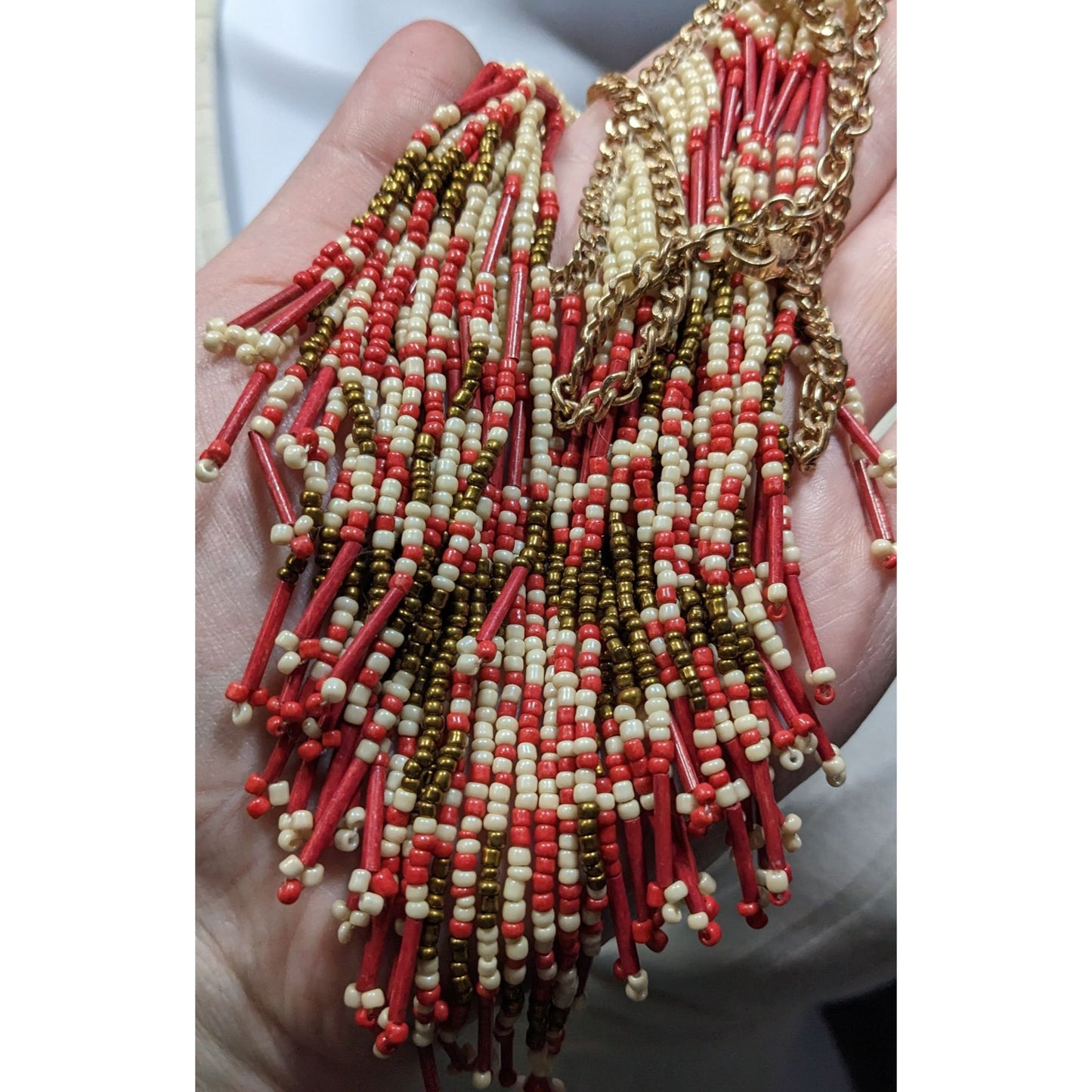 Bohemian Handmade Beaded Fringe Necklace In Red Cream & Gold With Adjustable Chain