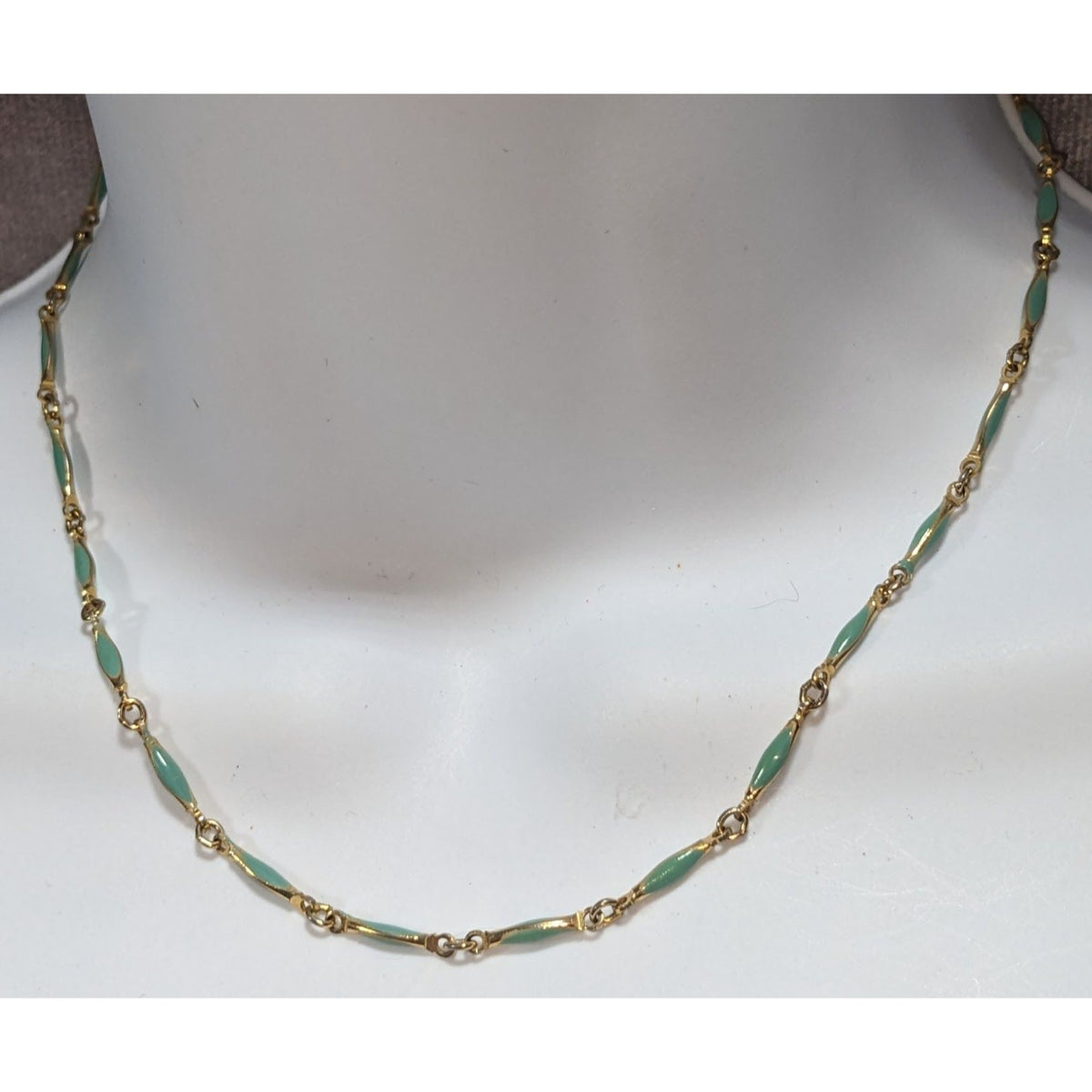 Minimalist Dainty Gold Tone Turquoise Enamel Link Necklace 15 Inch