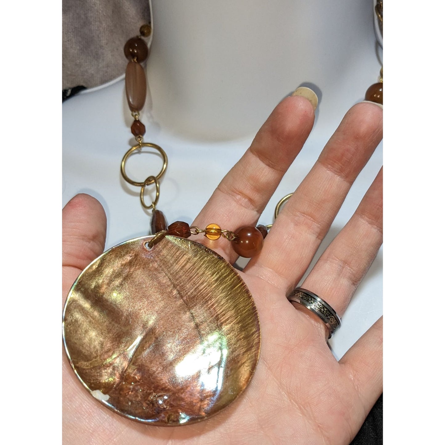 Brown Statement Pendant Necklace Boho Acrylic Disc Gold Tone Beaded Artisan Style