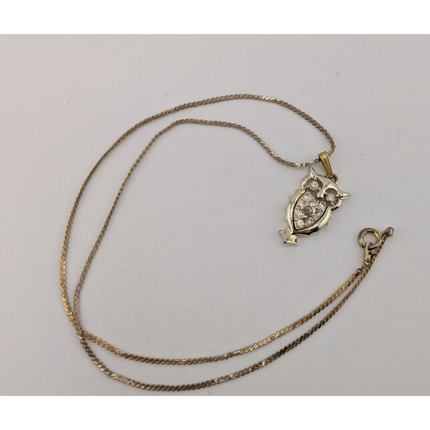 Vintage Witchy Whimsigoth Silver Tone Rhinestone Owl Necklace On Gold Tone Chain