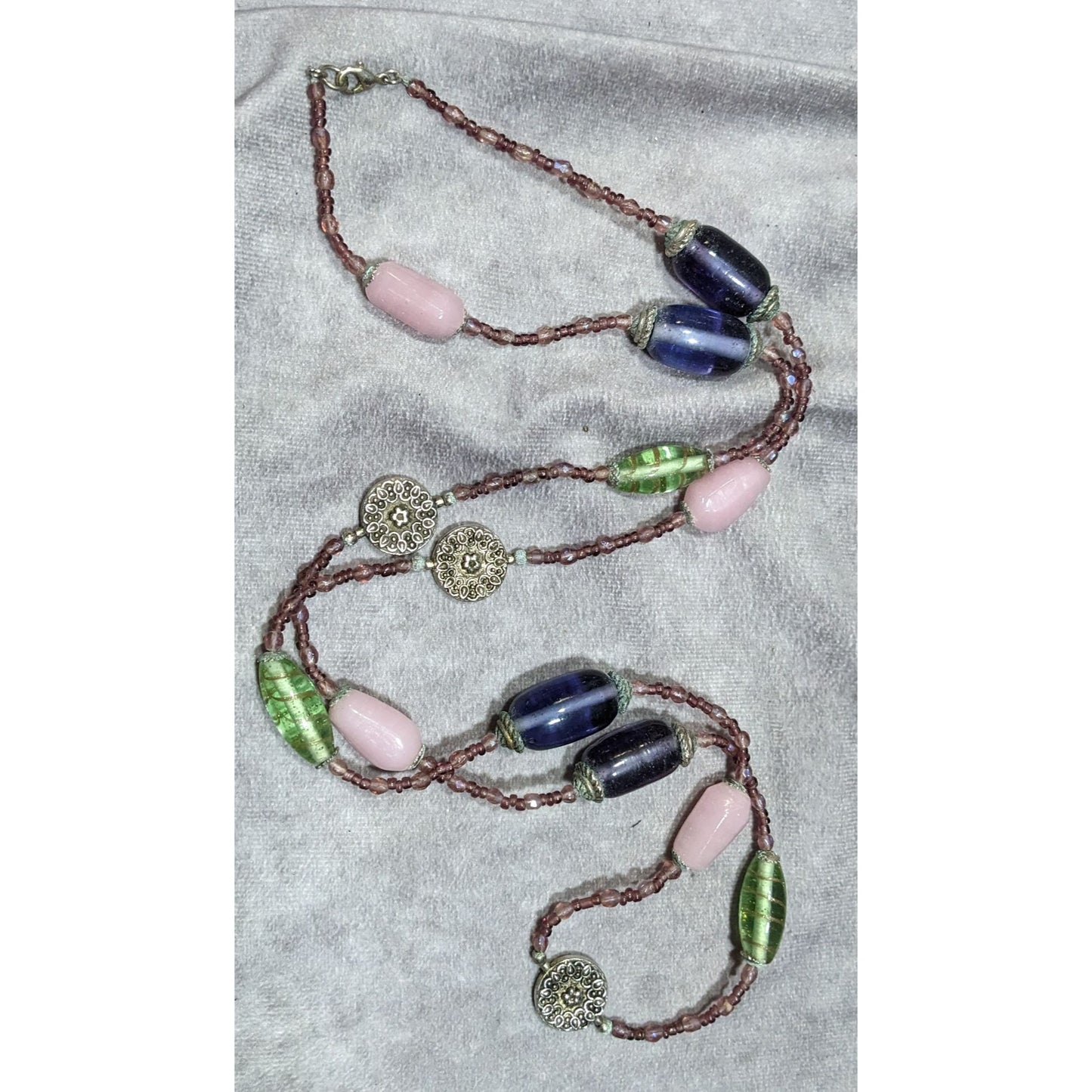 Handmade Vintage Green And Purple Glass Station Necklace